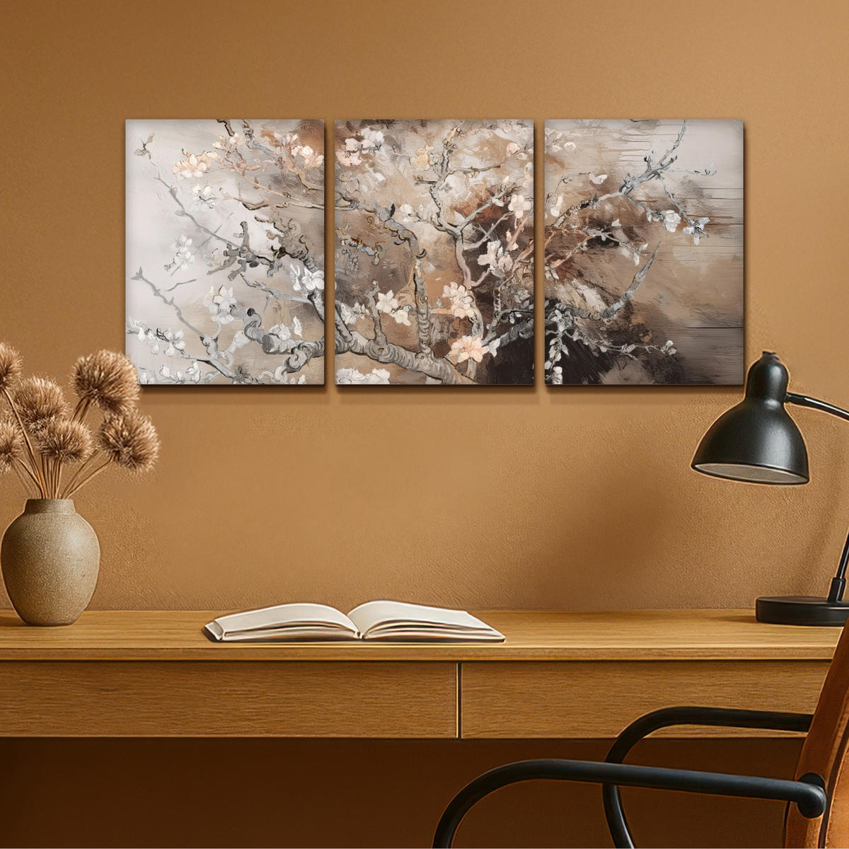 LEINWANDBILD 3er Set Mandelblüte - Abstrakt - Beige 90x40 cm - Beige, Textil (90/40cm) - MuchoWow