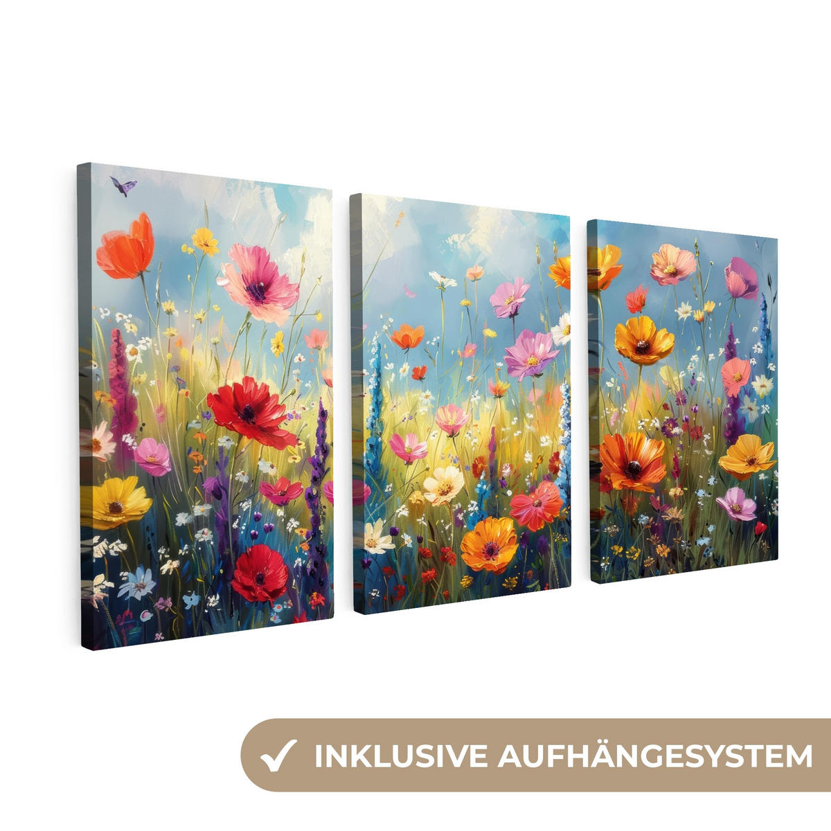 LEINWANDBILD 3er Set Blumen - Frühling - Farbenfroh - Sommerlich 240x120 cm - Orange, Textil (240/120cm) - MuchoWow