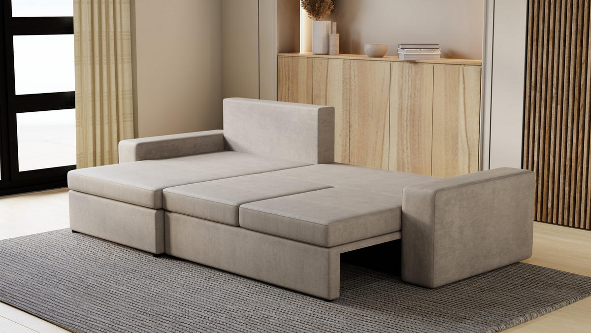 ECKSOFA Paco mit Bettkasten und Schlaffunktion, L-Form/XL-Form, Velourstoff, Universal - Weiß, Holzwerkstoff (276/145cm) - 4ALL HOME