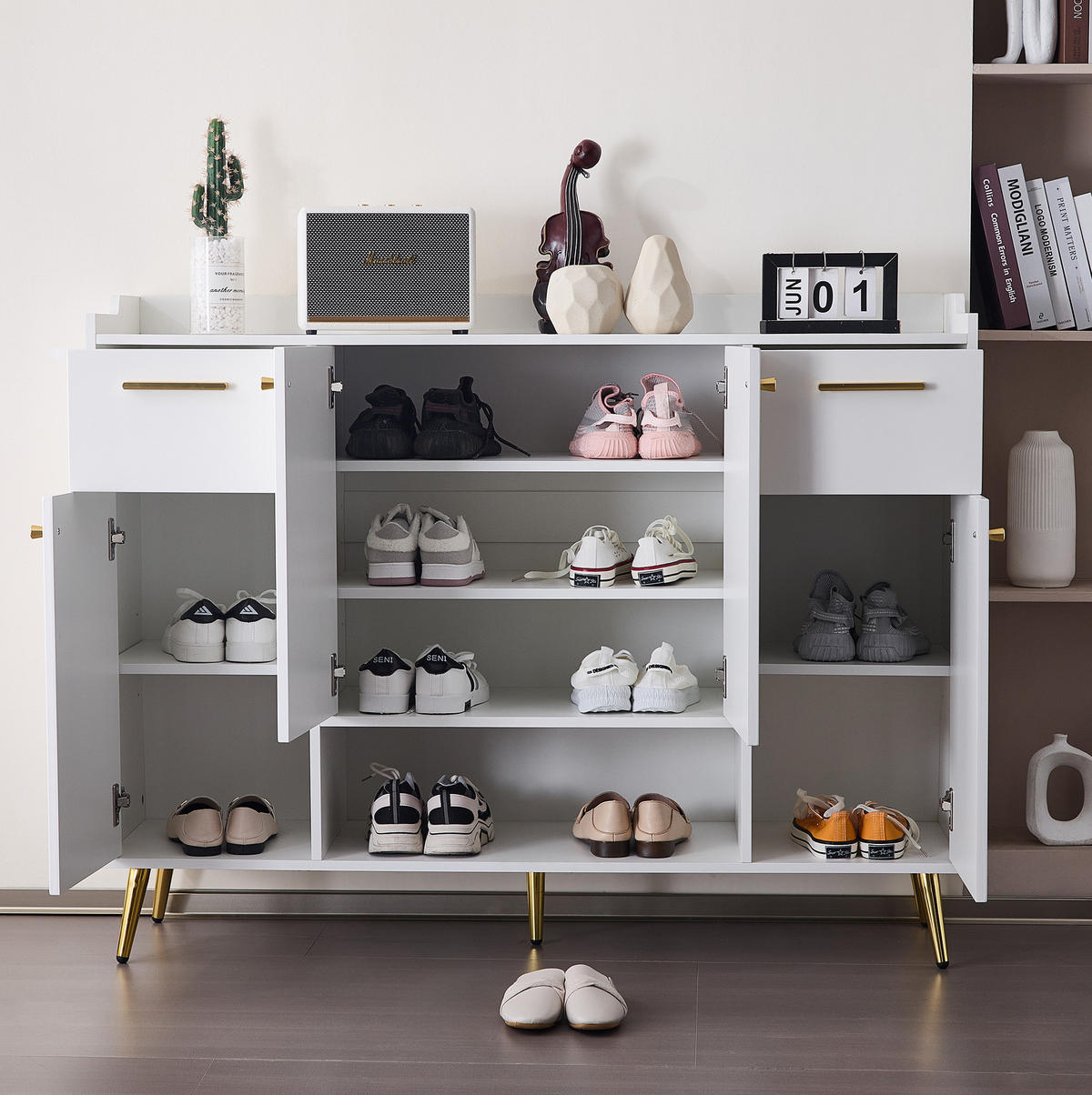 SCHUHSCHRANK 130/37/100 cm aus Spanplatte mit 2 Schubladen, 4 Türen und offenem Fach, Weiß - Weiß, Holzwerkstoff (130/100/37cm) - Redom