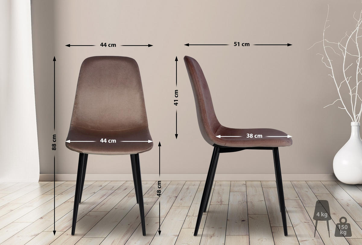 STUHL Samt Braun - Schwarz/Braun, Textil/Metall (44/88/51cm) - CLP