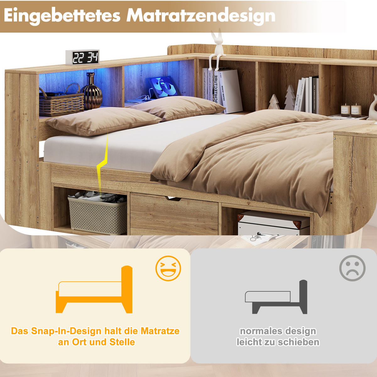 KINDERBETT 90/200 cm mit LED-Beleuchtung, USB- und Type-C-Anschluss, Schreibtisch und Stauraum, Naturfarbe - Naturfarben, Holzwerkstoff (90/200cm) - Redom