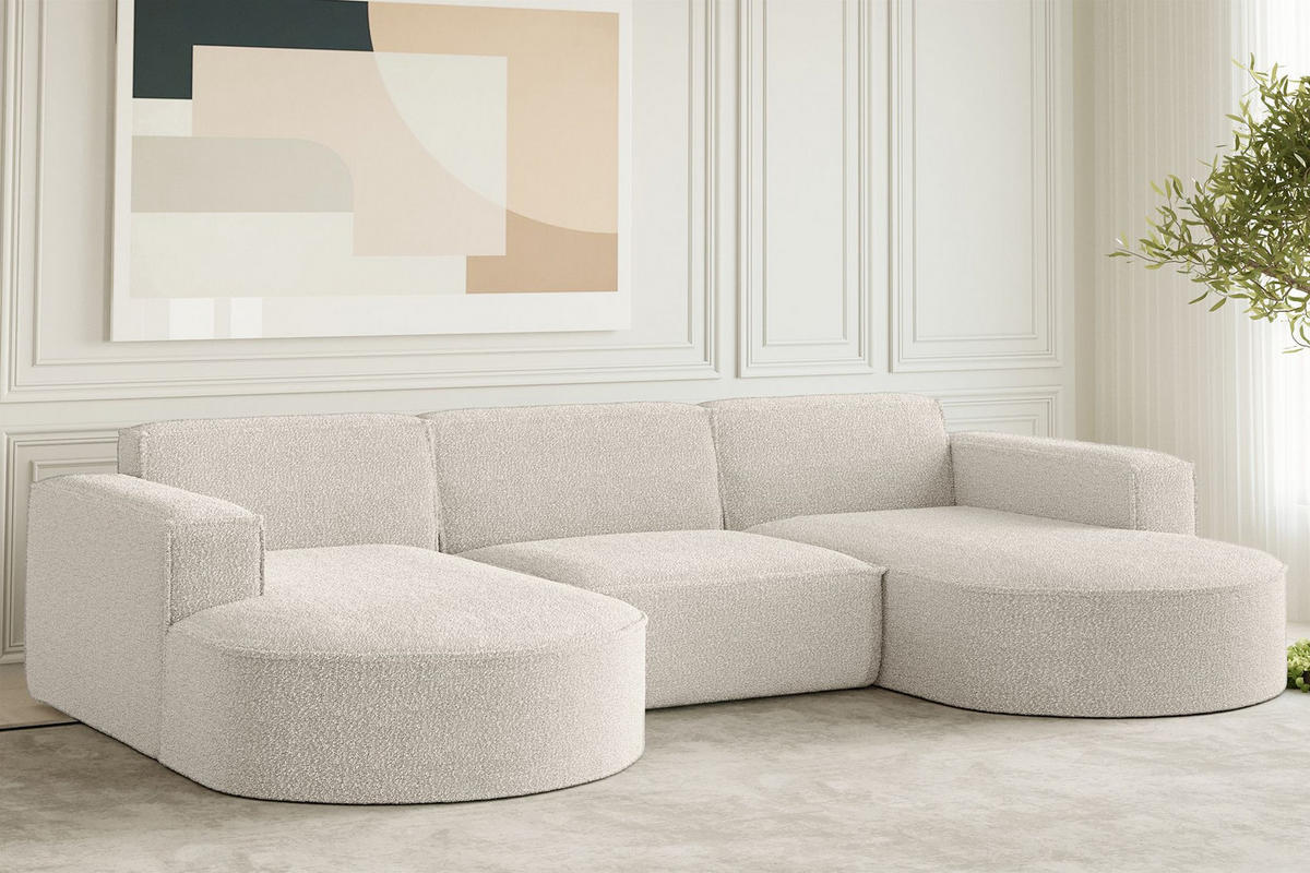 ECKSOFA Designer, Sofa U Form MODENA Stoff Loop Perle - Champagner, Holz/Textil (299/165cm) - Kaiser Möbel