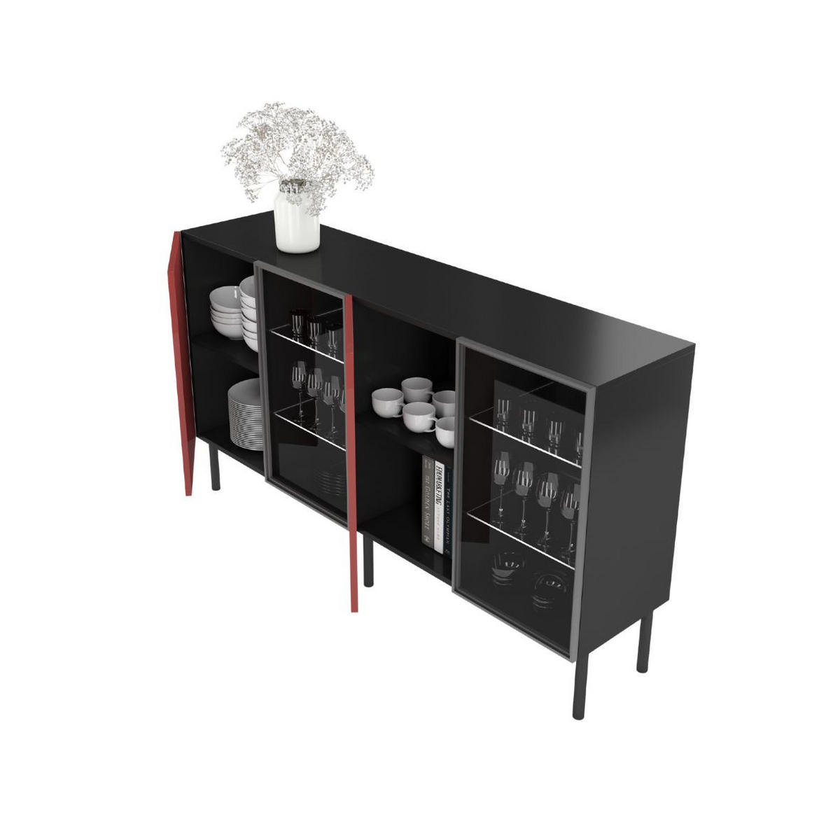 SIDEBOARD Lilka, Glastür, Beleuchtung, Schwarz-Rot, 138 cm - Schwarz, Holzwerkstoff/Metall (138.3/93/38cm) - Skandica