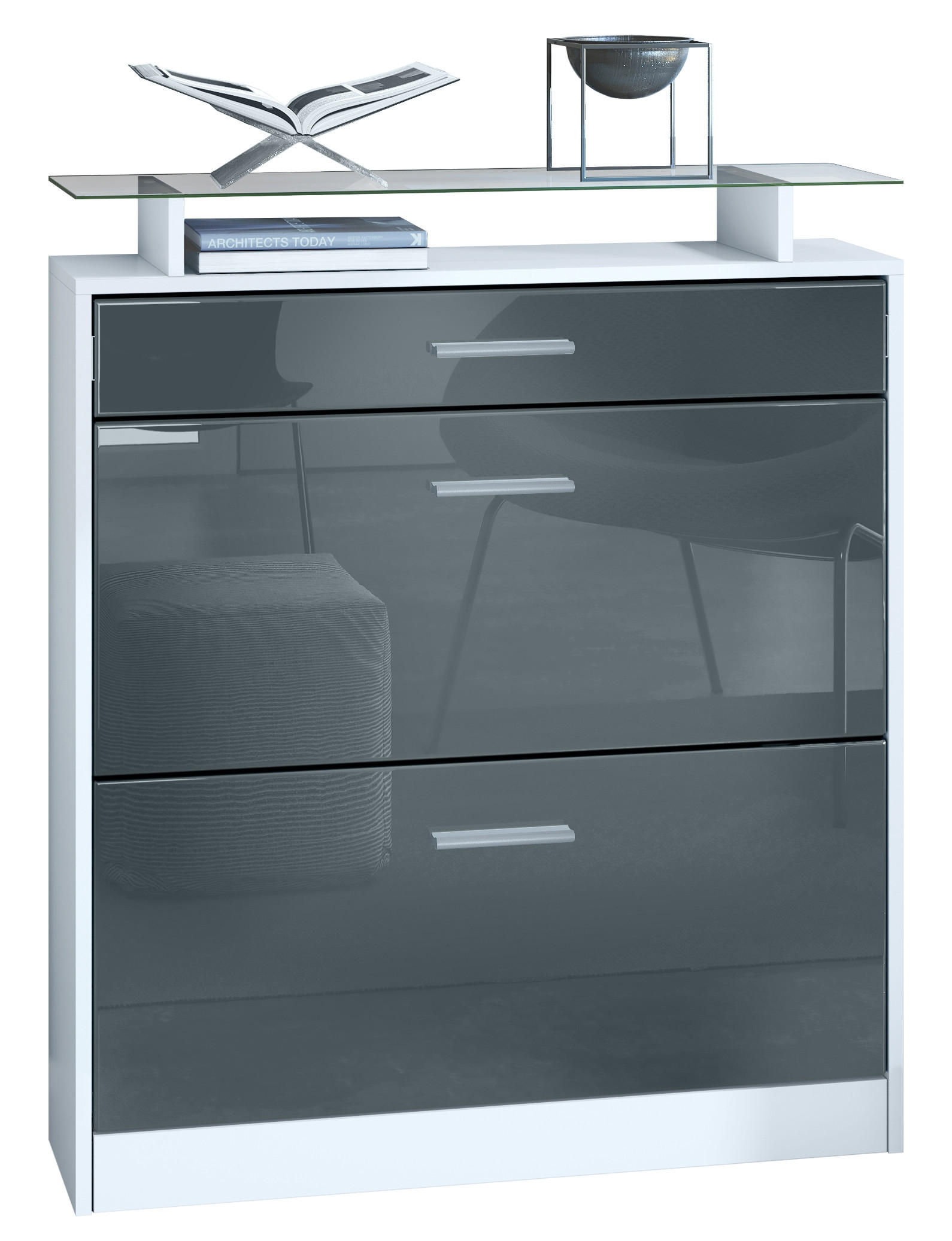 SCHUHSCHRANK Loret Front in Grau Hochglanz - Grau, Holzwerkstoff (89/104/23cm) - Vladon