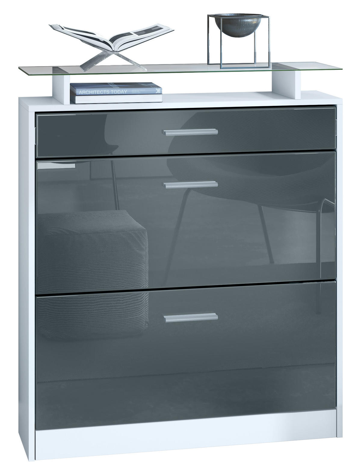 SCHUHSCHRANK Loret Front in Grau Hochglanz - Grau, Holzwerkstoff (89/104/23cm) - Vladon