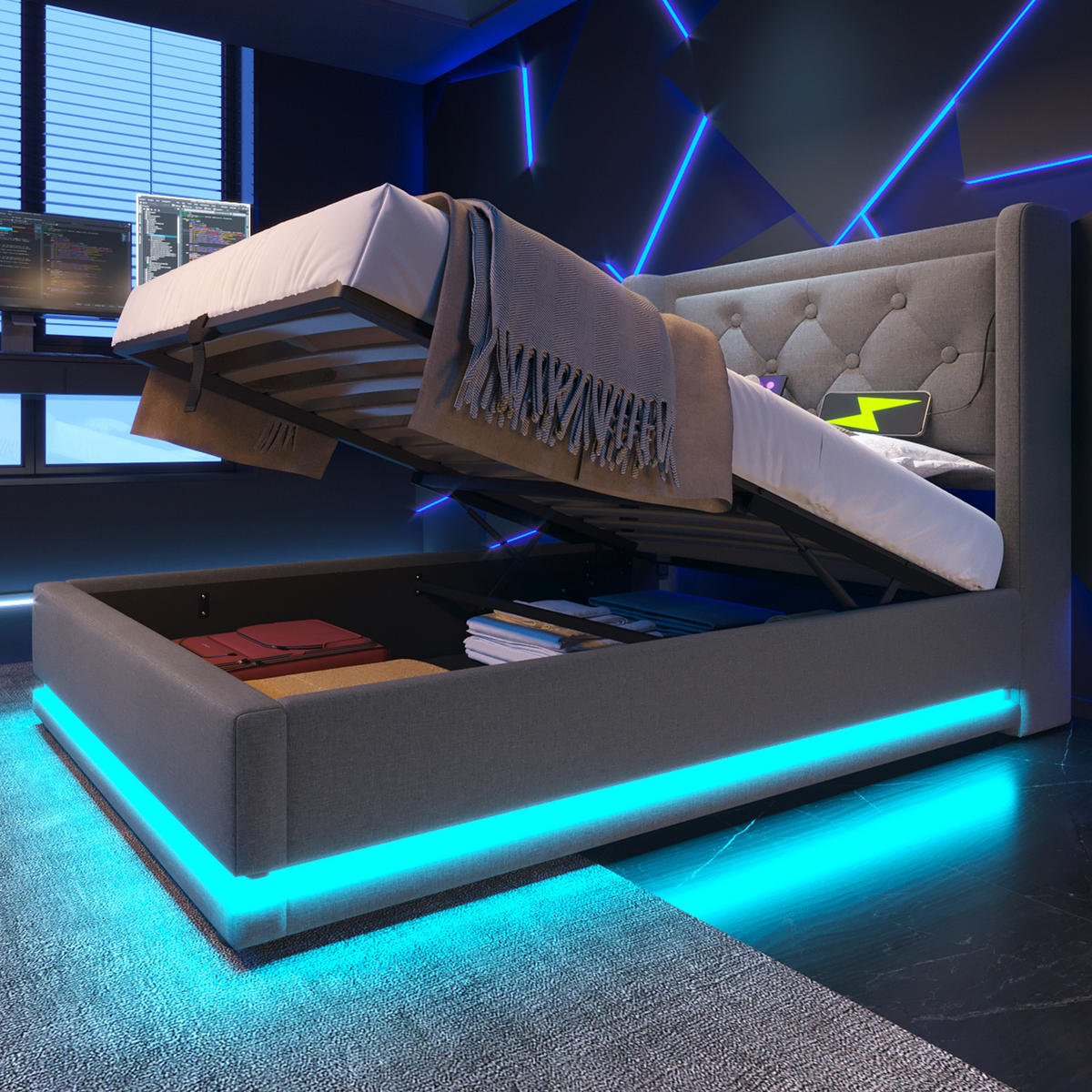 POLSTERBETT aus Baumwolle 90x200 cm in Grau mit LED & USB Typ-C - Grau, Textil (90/200cm) - Modfu