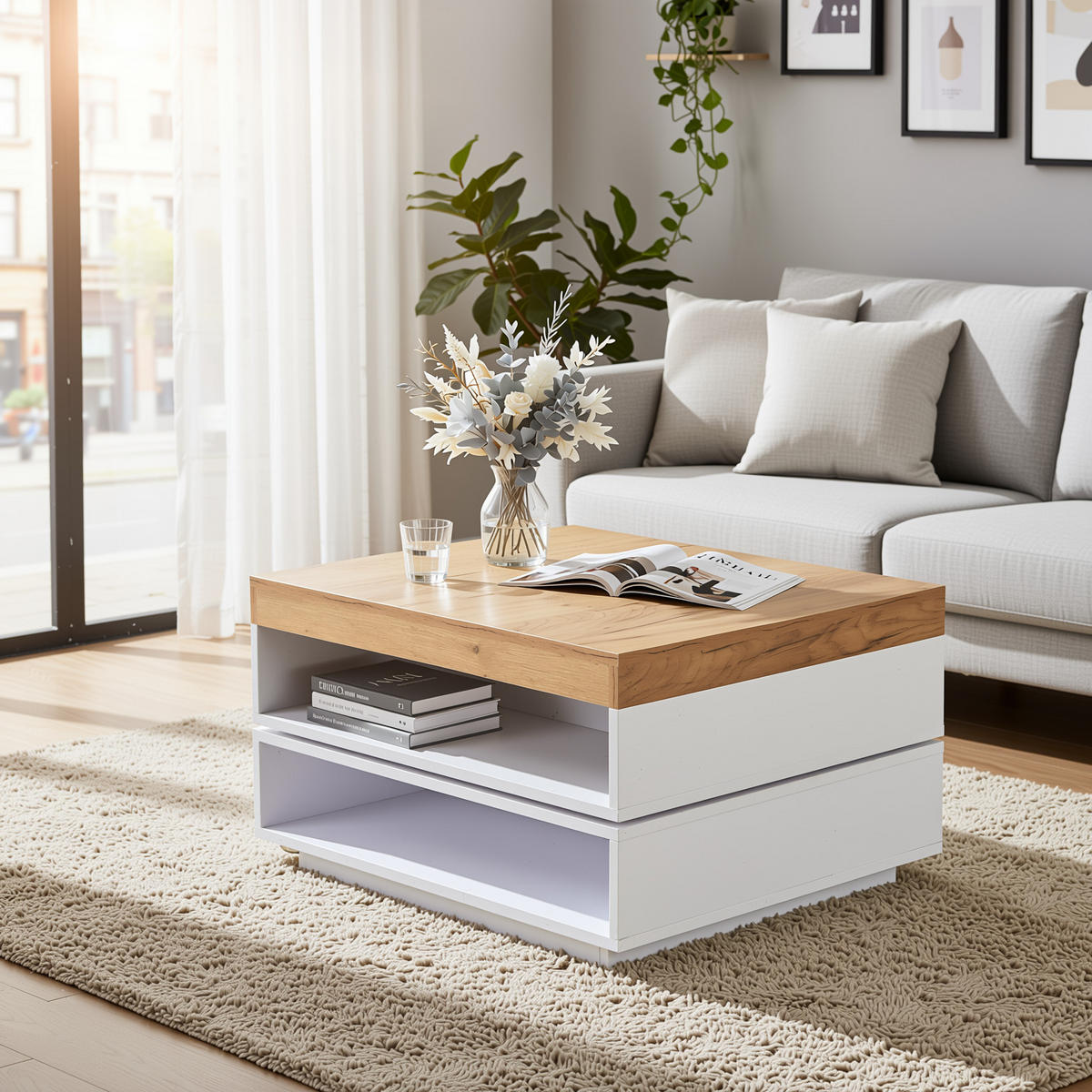 COUCHTISCH weiß & eiche-optik 360° drehbar mit led-beleuchtung - Weiß, Holzwerkstoff (65/65/40cm) - Urban Meuble