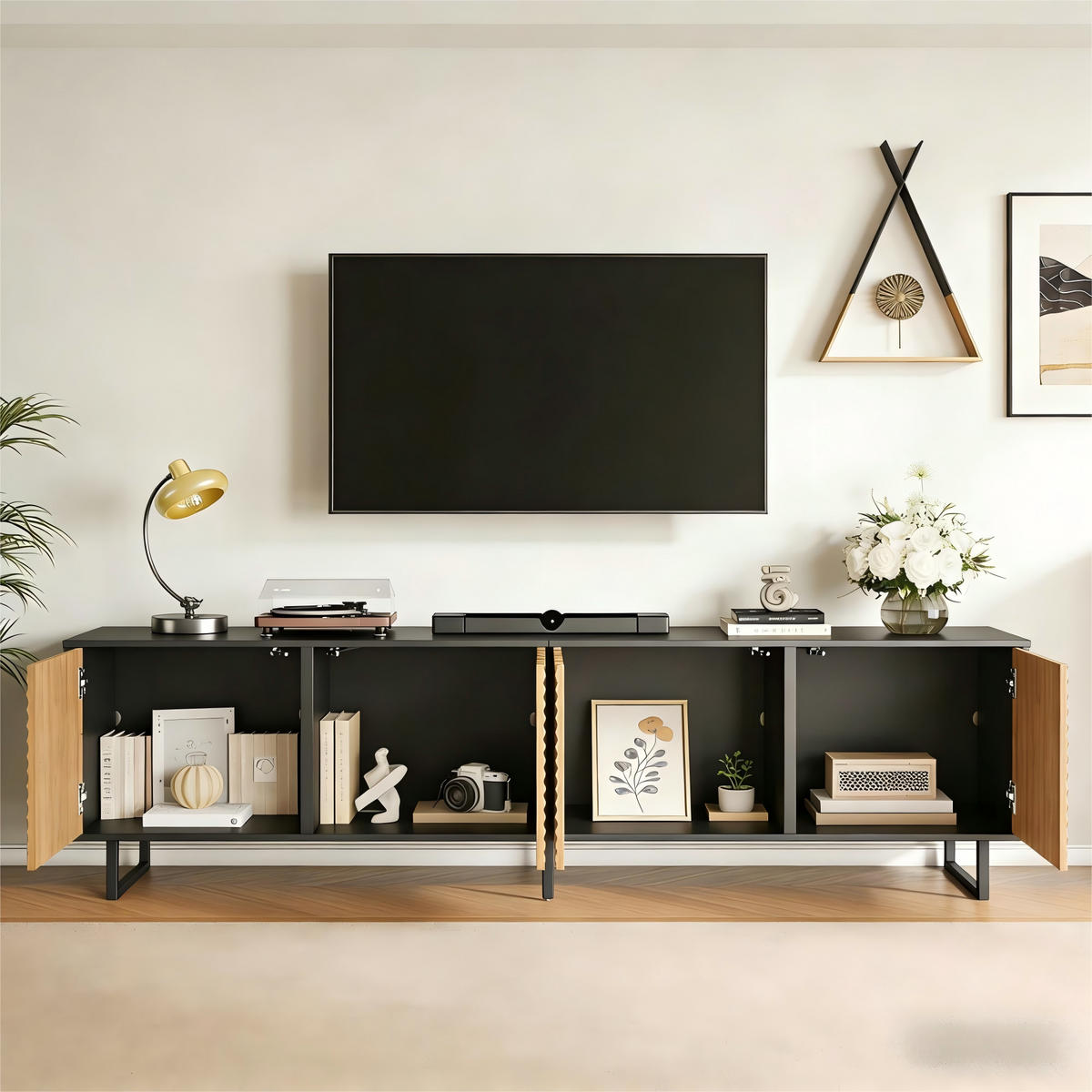 TV-LOWBOARD 180x40x50 cm Holz Schwarz 4 Türen Stauraum - Naturfarben, Holzwerkstoff (40/50/180cm) - FLIEKS