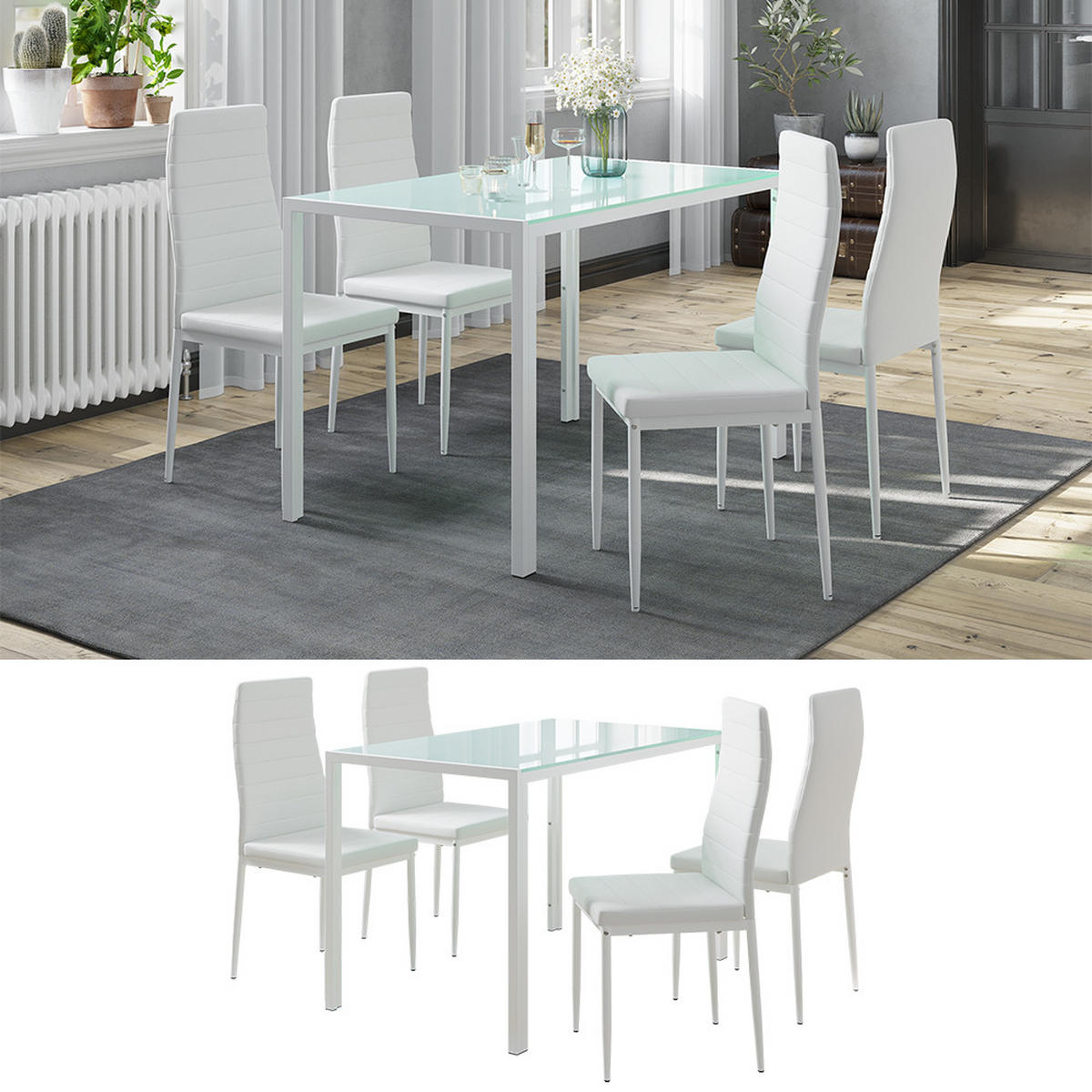 ESSTISCHSET Grand Weiß 120 x 75 cm mit 4 Stühlen - Weiß, Metall (120/70/75cm) - Vicco