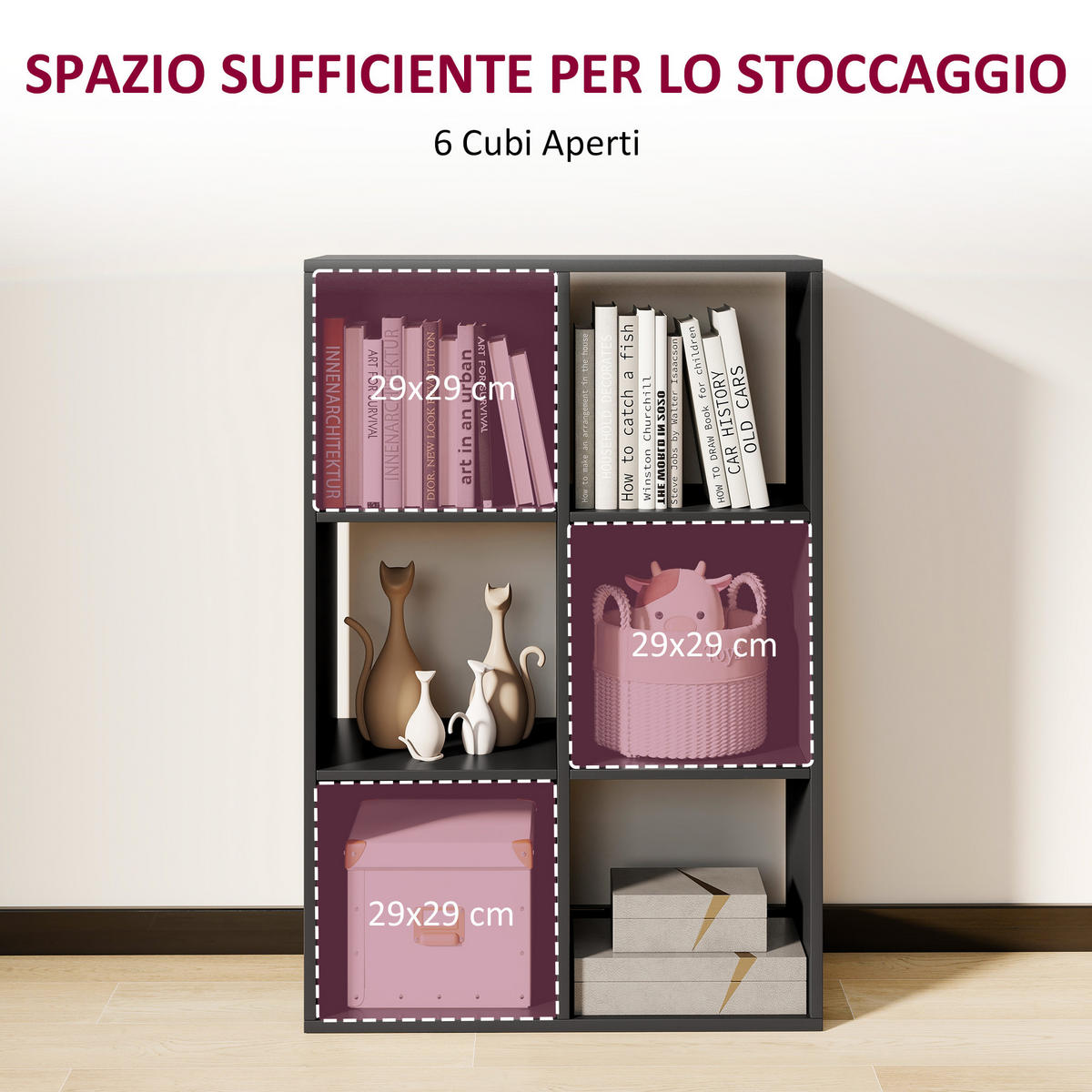 BÜCHERREGAL,WÜRFELFÖRMIG 6 Fächer 61,5x29,5x91,5cm,schwarz - Schwarz, Holzwerkstoff (61.5/91.5/29.5cm) - Vallsero