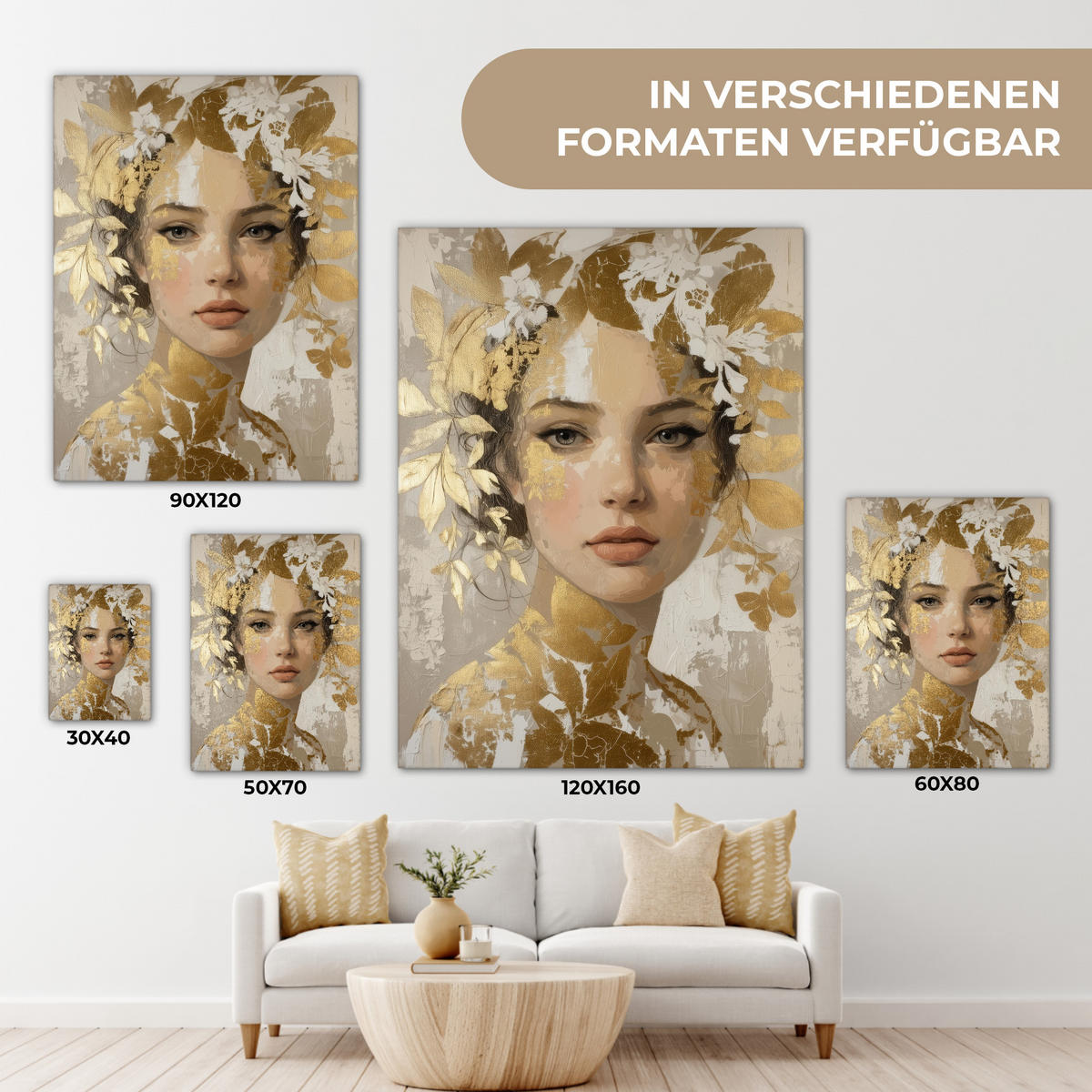 LEINWANDBILD Gesicht - Frau - Blätter - Gold Wandbild Wohnzimmer 60x80 cm - Beige, Textil (60/80cm) - MuchoWow