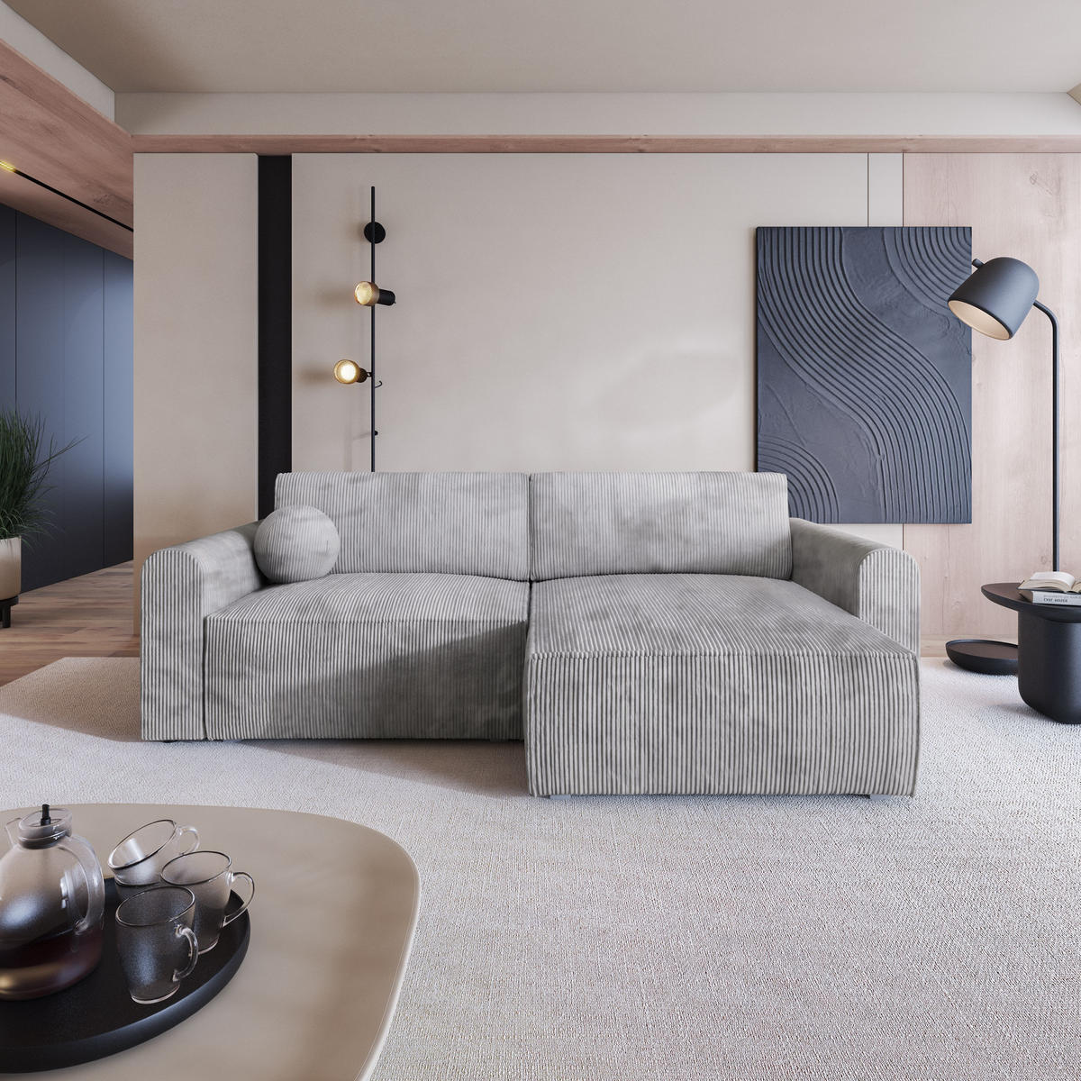 ROHOVÁ SEDAČKA FIANO světle šedá - šedá/světle šedá, dřevo/textil (245/148cm) - MASSENO