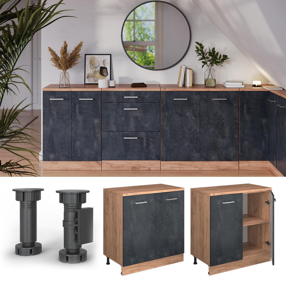 ORMAR ZA POTKROVLJE Rion Crni Beton 80 x 81.6 cm bez kosine s 2 vrata - hrast medunac/crna, drvni materijal (80/83.8/46cm) - Vicco