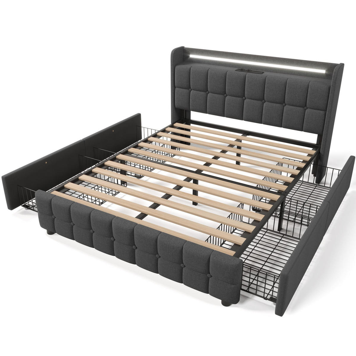 POLSTERBETT mit USB-Ladefunktion, Kopfteil und LED-Beleuchtung - Grau, Textil (160/200cm)