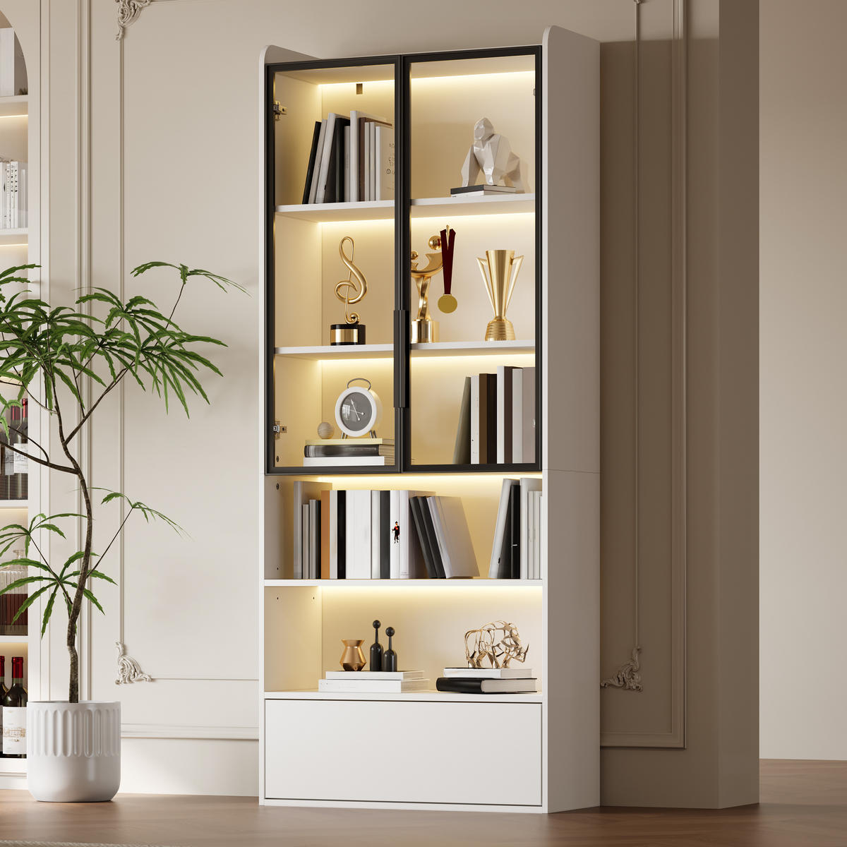 VITRINE Weiß mit Glastüren, einer Schublade und App-gesteuerter LED-Beleuchtung 80 × 34 × 180 cm aus MDF und Glas - Weiß, Holzwerkstoff (80/180/34cm) - Luhomfu