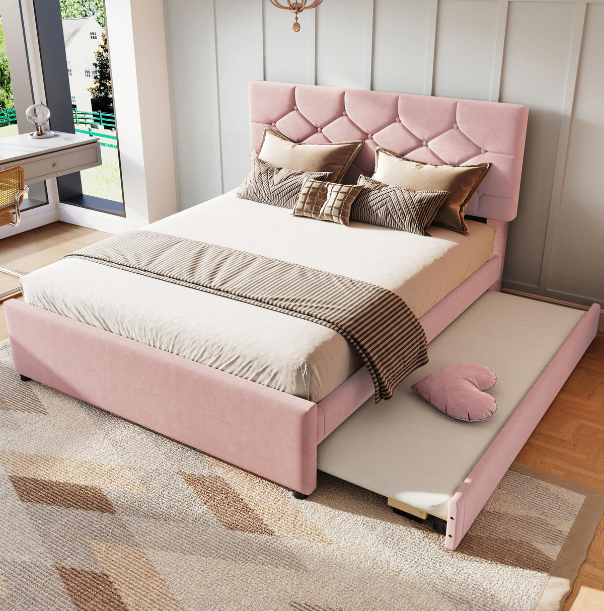 POLSTERBETT mit Ausziehbett und Lattenrost 140x200 cm Samt Rosa - Pink, Metall (140/200cm) - Beauniv