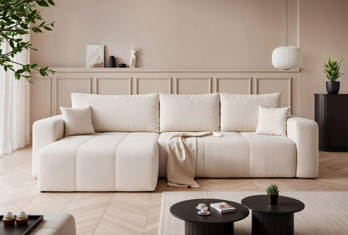 ECKSOFA XL Velours mit Bettkasten und Schlaffunktion - Creme, Holzwerkstoff/Textil (278/145cm) - Idohome