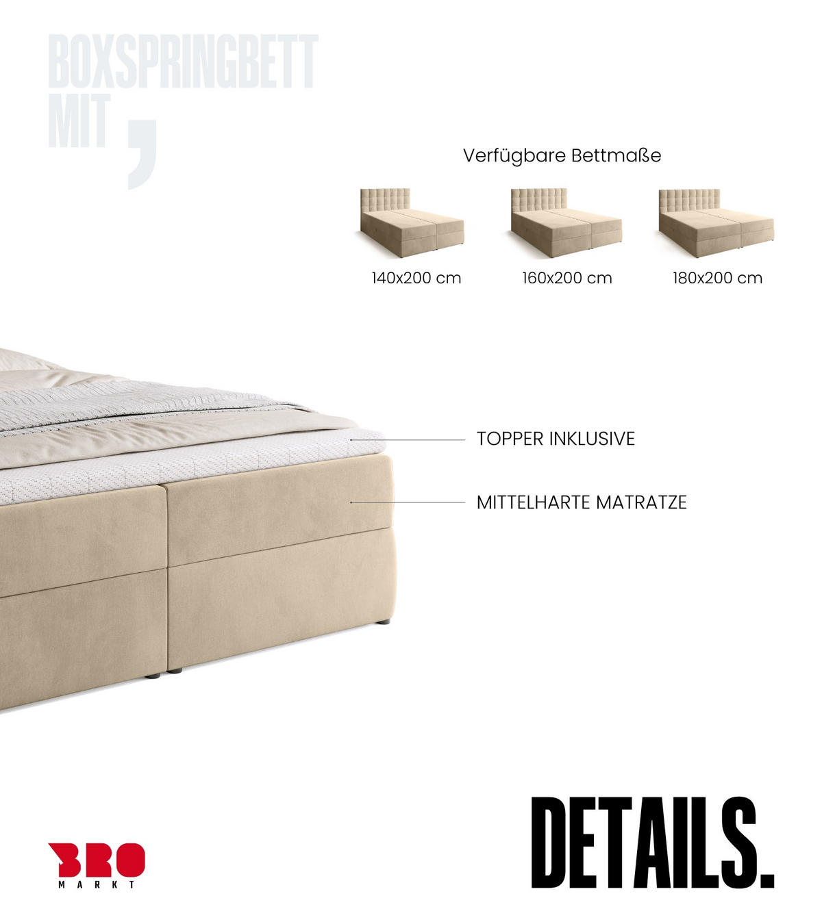 BOXBETT Detroit mit Topper 160/200 Beige - Beige, Holzwerkstoff/Textil (160/200cm) - Bromarkt