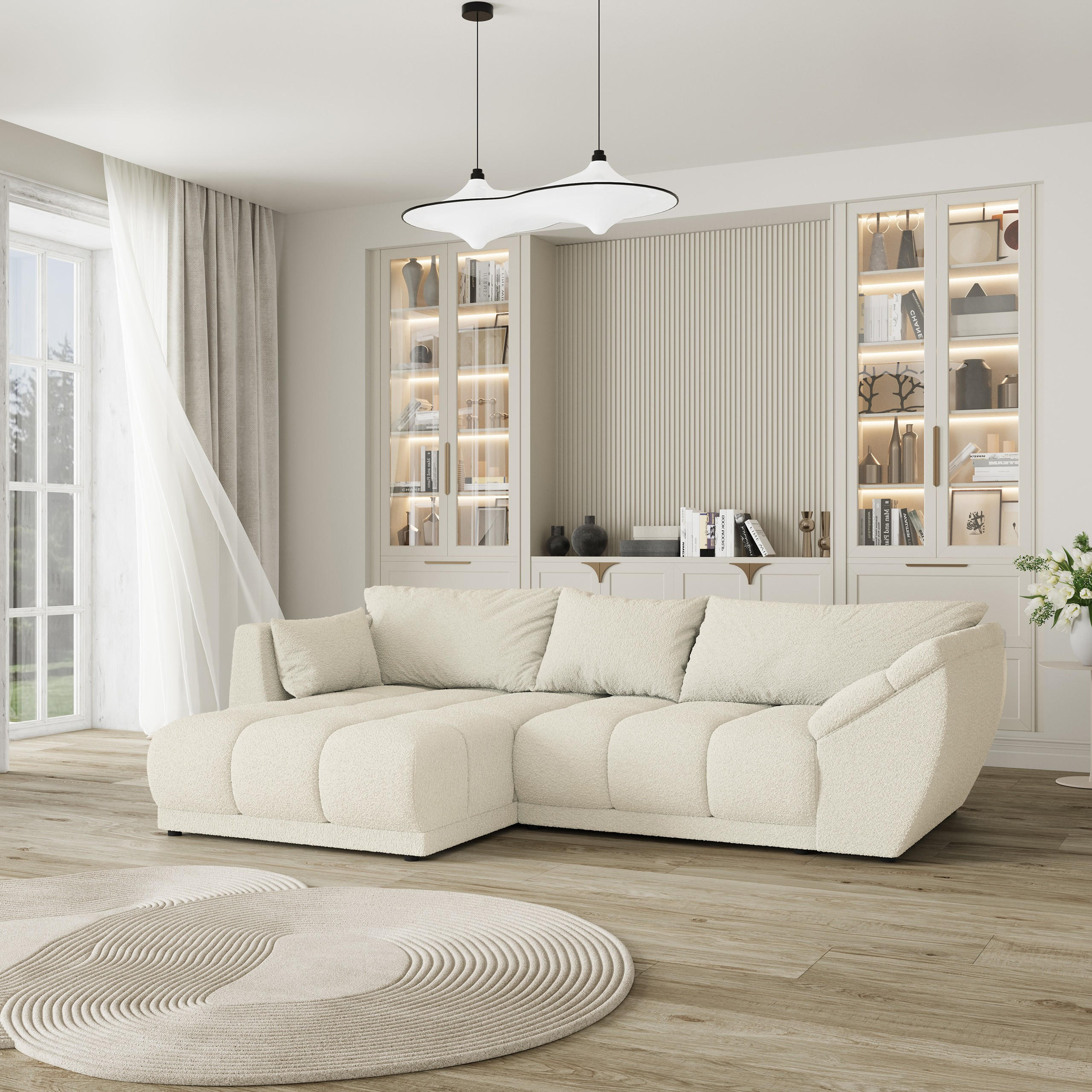 ECKSOFA ORENTI L-S Creme Boucle-Stoff mit Schlaffunktion - Creme, Holz (287/182cm) - MASSENO