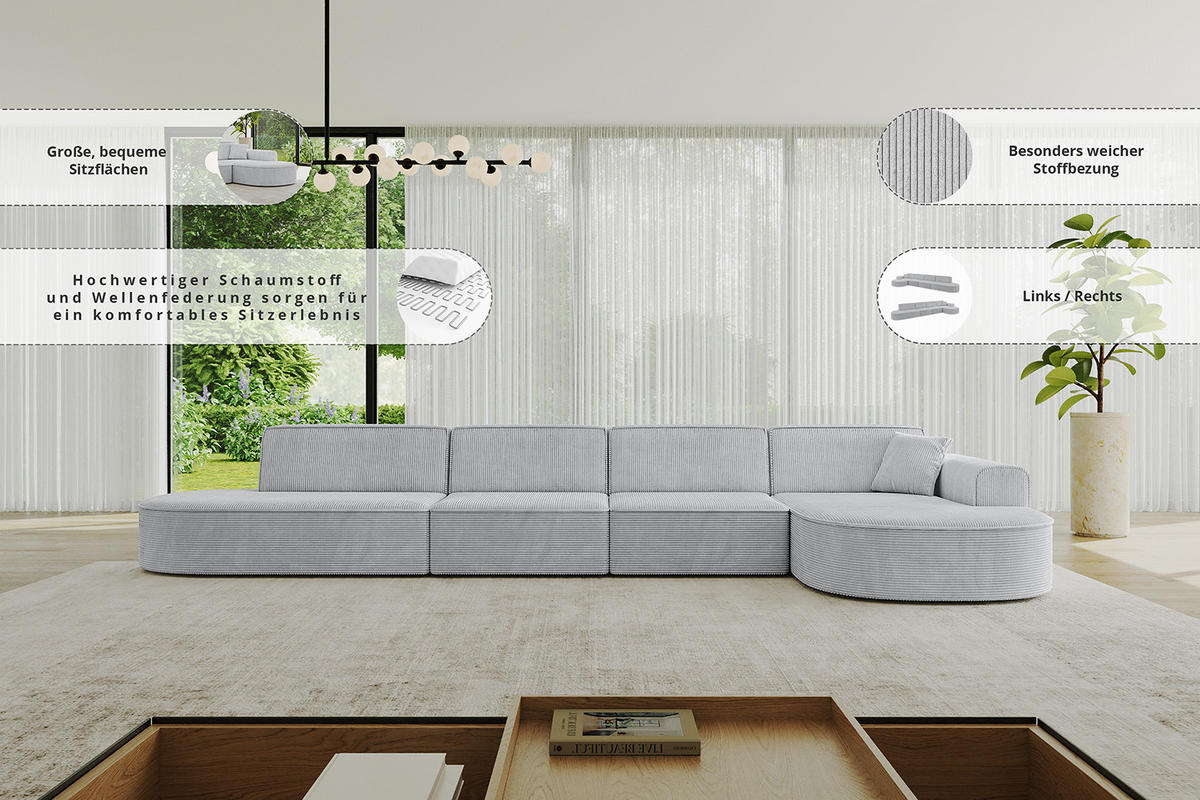ECKSOFA Ottomane Rechts MARI-L3 - 413x171x79 cm Beige Velours - Beige/Schwarz, Holzwerkstoff/Kunststoff (171/413cm) - ALTDECOR