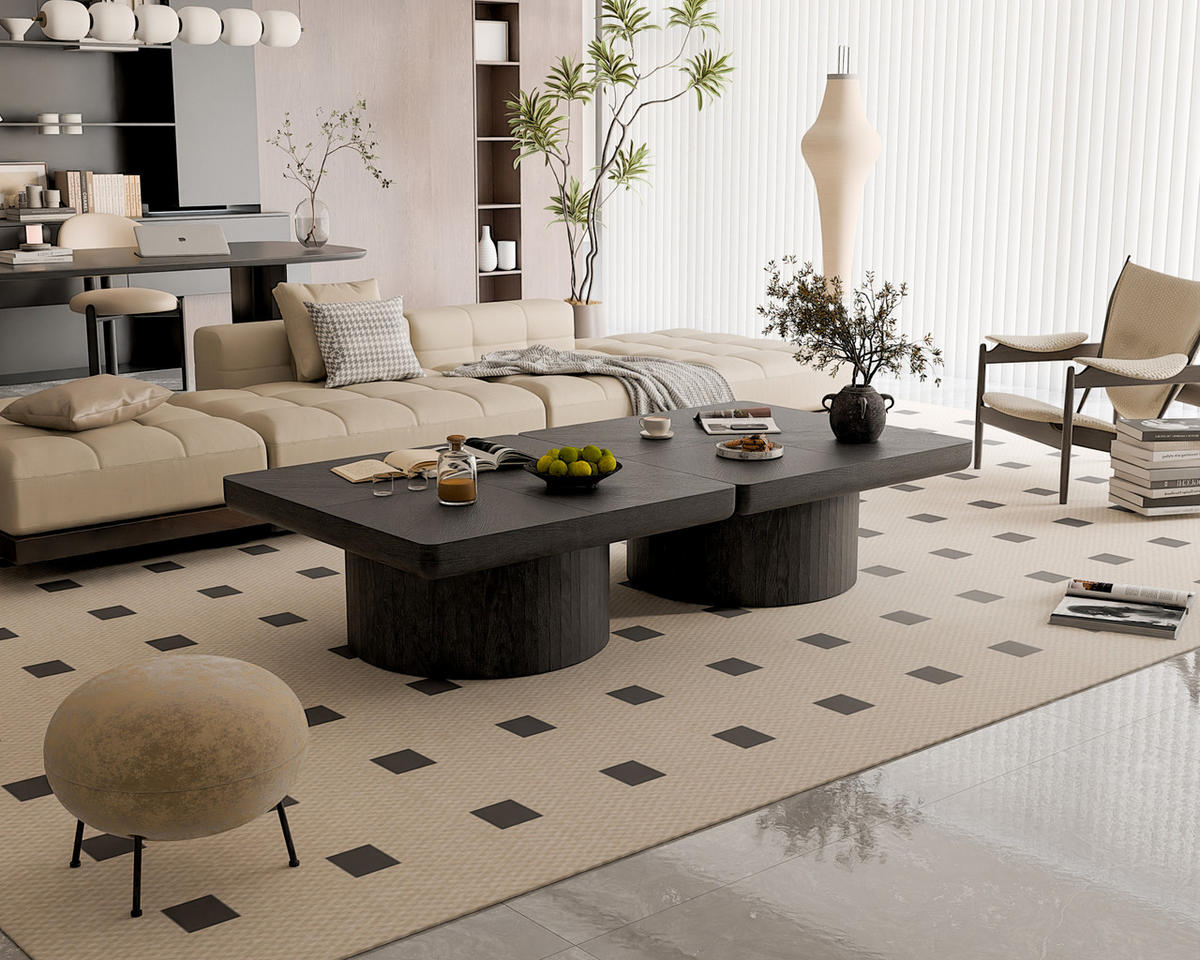 COUCHTISCH aus Massivholz 78x78x38 cm und MDF Schwarz mit Parkettoptik und zylindrischem Sockel - Schwarz, Holz (78/78/38cm) - IVMEU