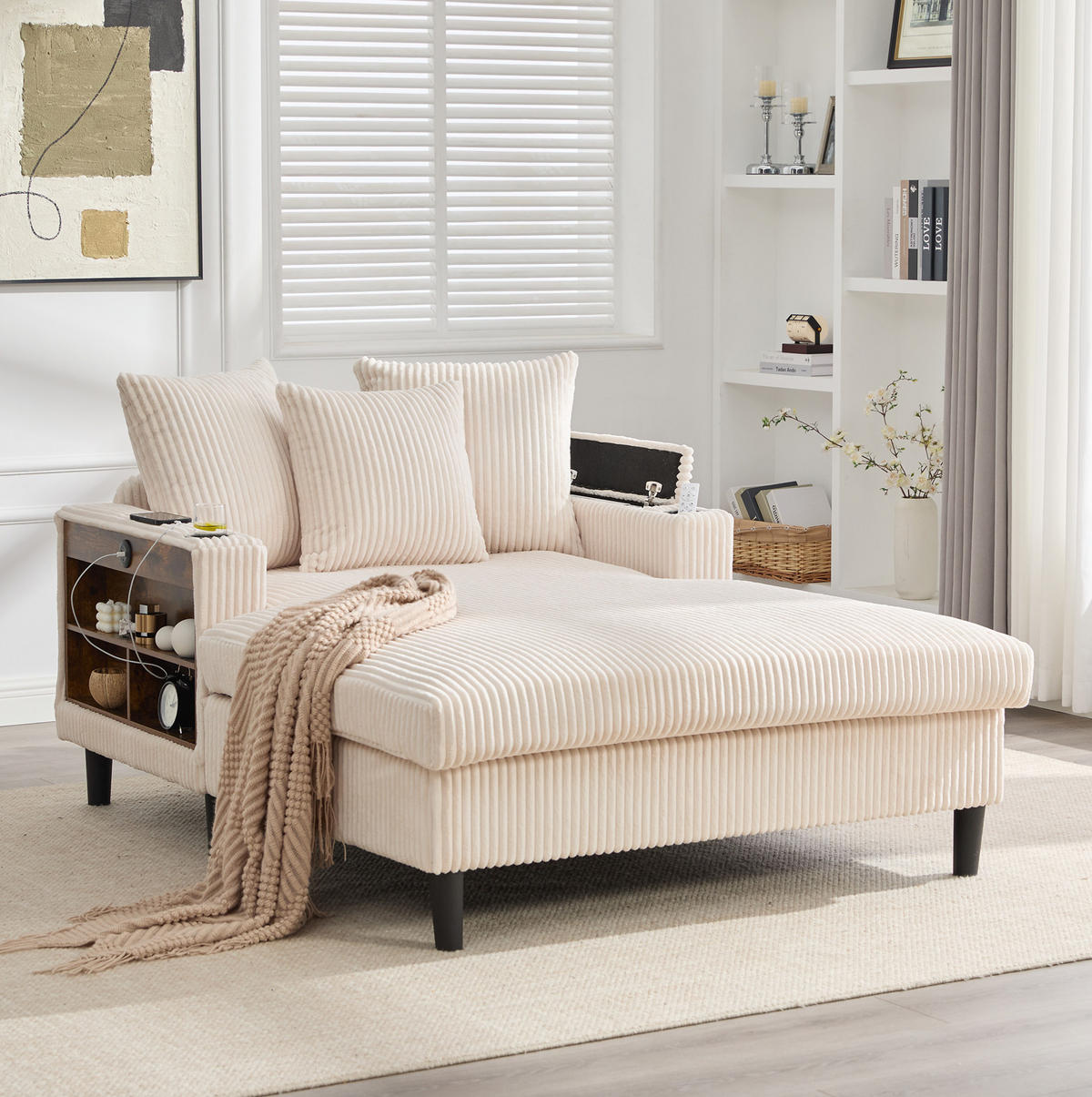 CHAISELONGUE 129/170/70 cm mit LED-Beleuchtung, USB-Ladeanschluss, Stauraum und Becherhaltern, Beige - Beige, Textil (170/70/129cm) - Redom