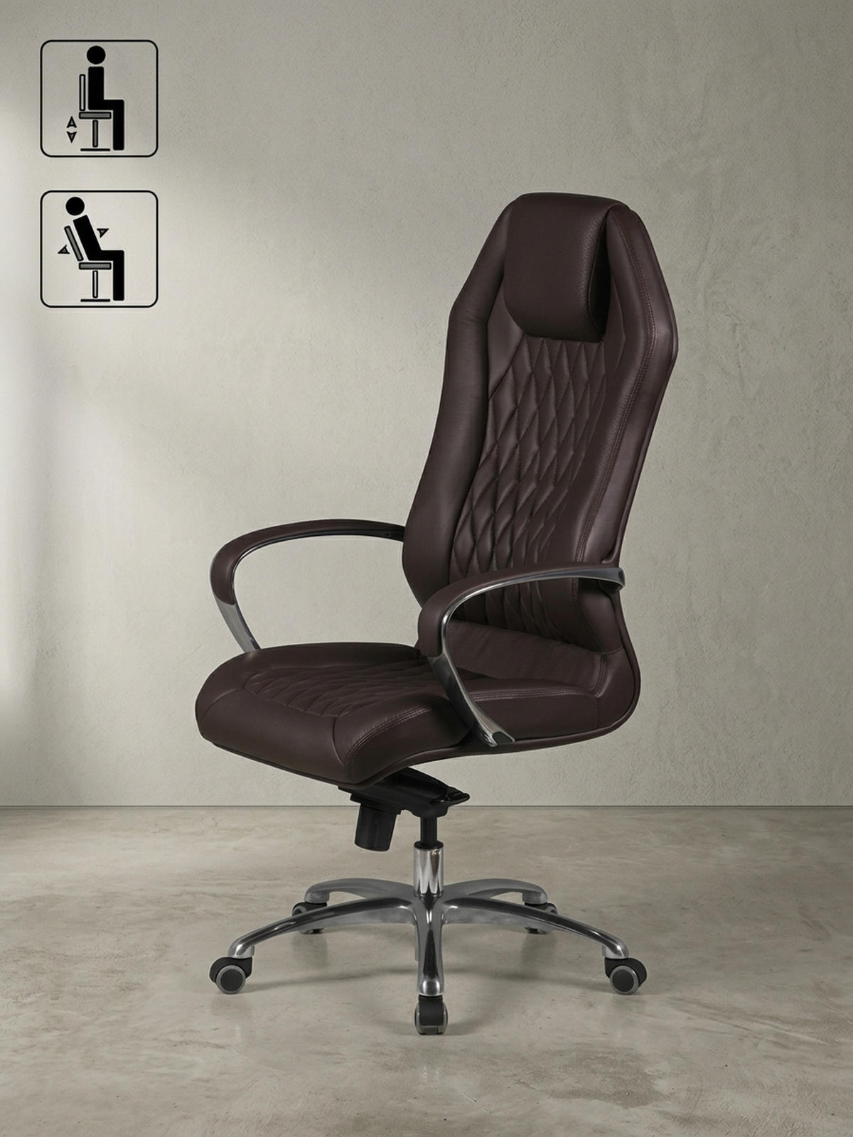 CHEFSESSEL Echtleder mit Multiblockwippmechanik, Lendenwirbelstütze und Aluminiumfußkreuz MILANO, Braun 70x67x136 cm - Silberfarben/Braun, Leder/Metall (70/136/67cm) - KADIMA DESIGN