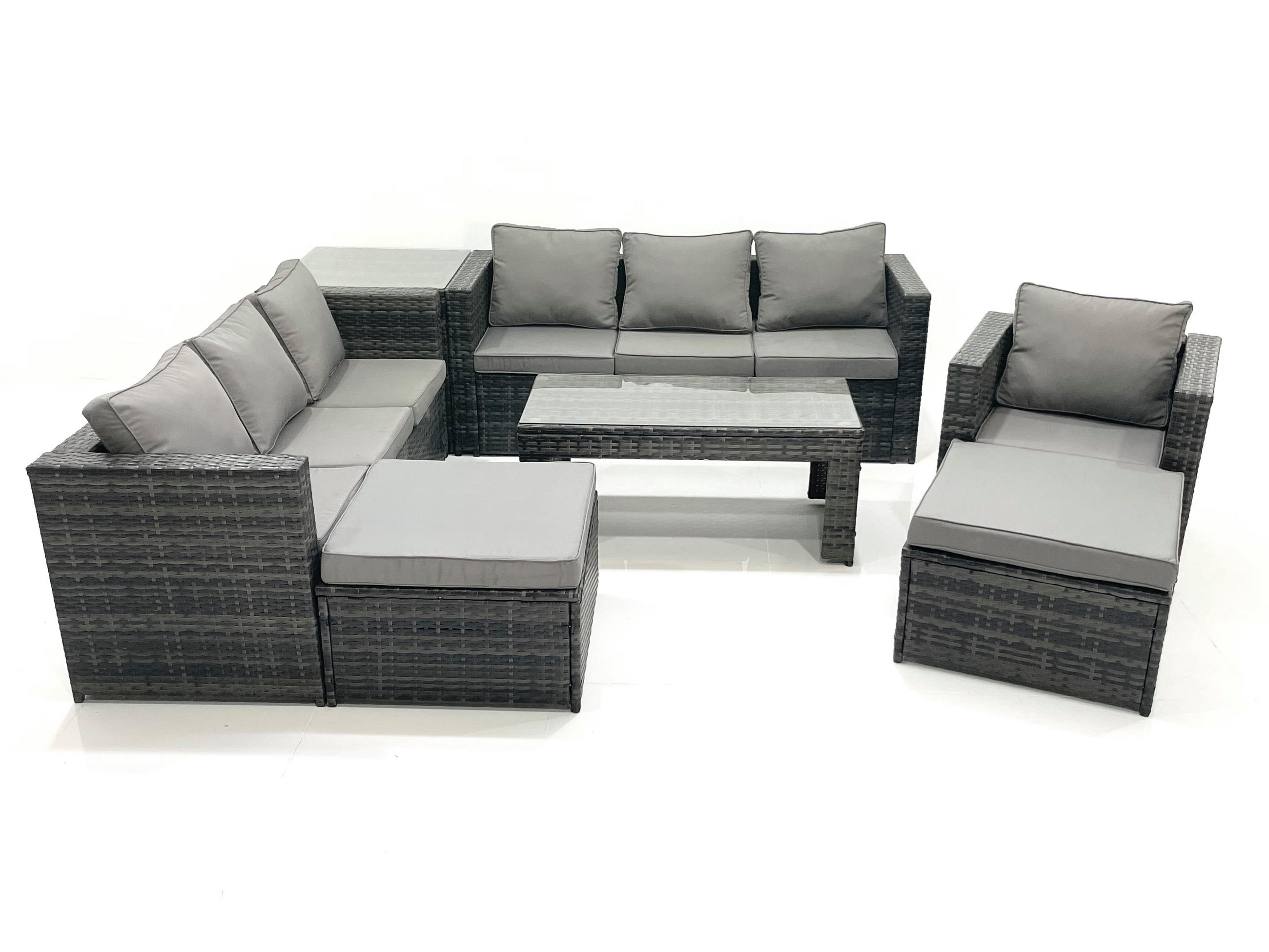 GARTENMÖBEL-SET COUCHTISCH SESSEL SOFA mit HOCKER Polyrattan Dunkelgrau Gemischt 9-Sitzer - Dunkelgrau/Grau, Glas/Kunststoff - Fimous