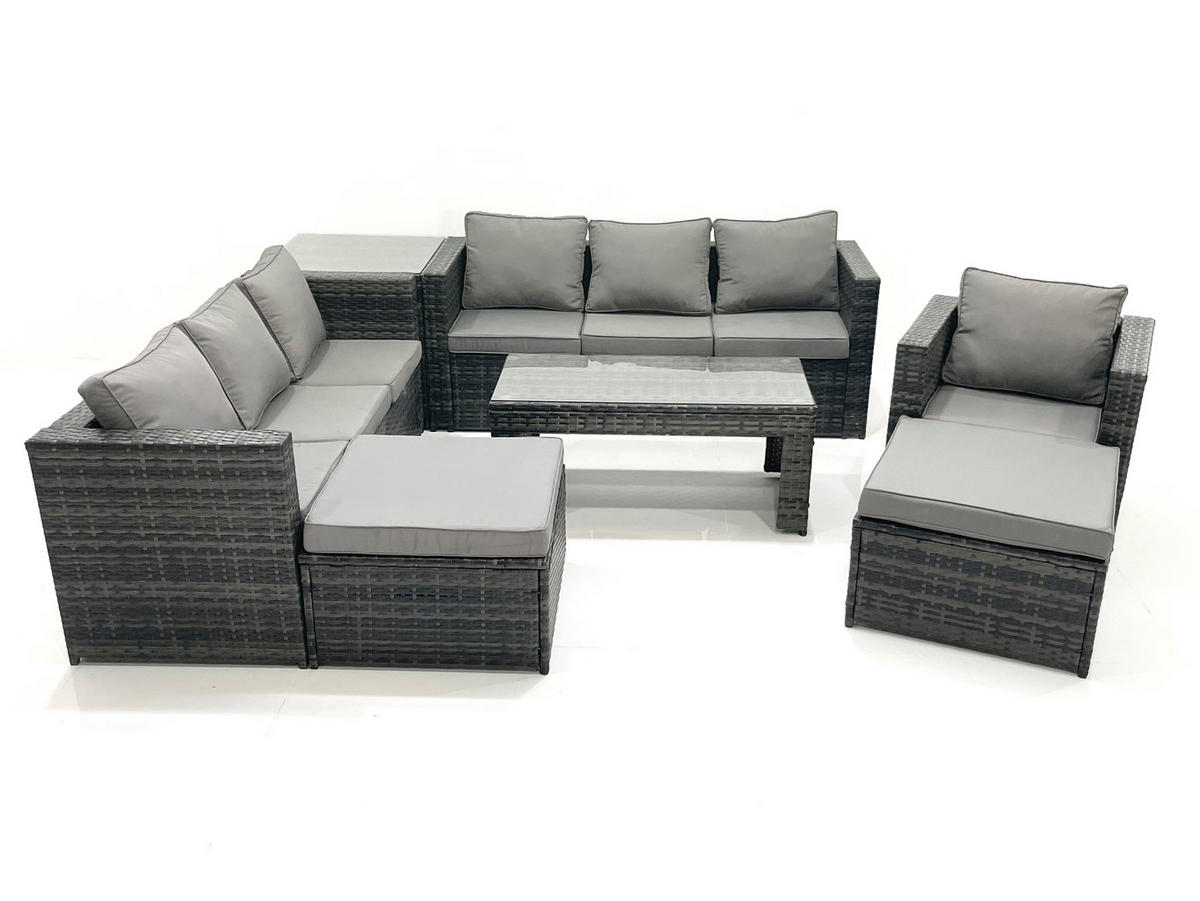 GARTENMÖBEL-SET COUCHTISCH SESSEL SOFA mit HOCKER Polyrattan Dunkelgrau Gemischt 9-Sitzer - Dunkelgrau/Grau, Glas/Kunststoff - Fimous