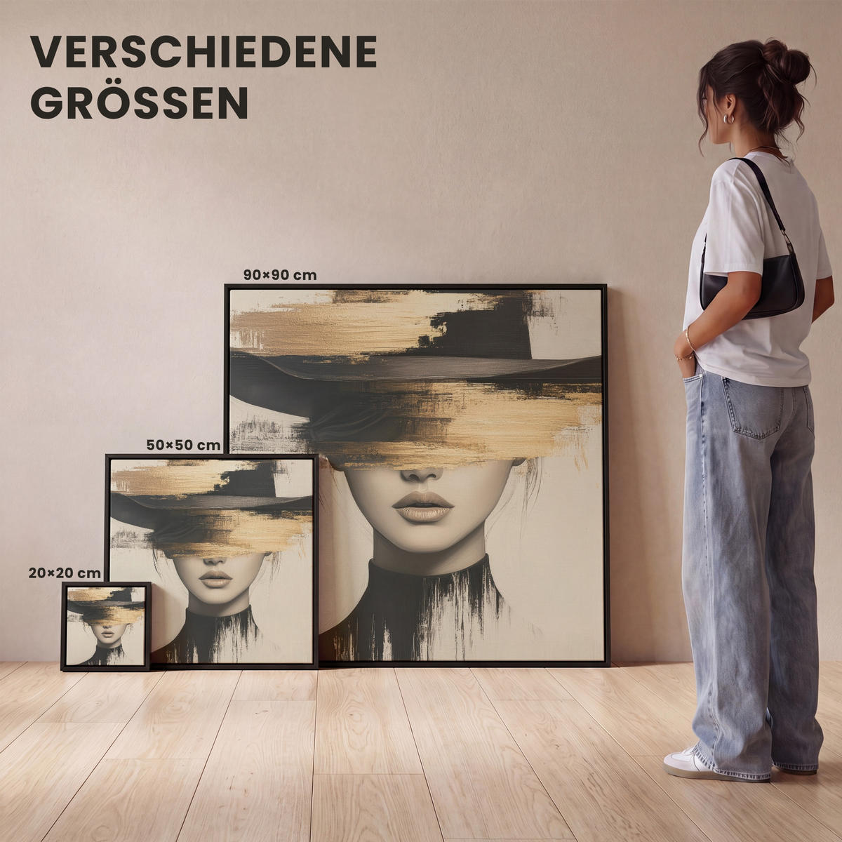 LEINWAND Bilder mit Rahmen - Frau - Hut - Farbe - 50x50 - Goldfarben, Textil (50/50cm) - MuchoWow