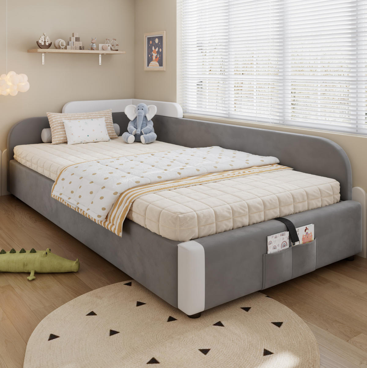KINDERBETT Polsterbett 90/200 cm aus Samt mit hydraulischem Stauraum Weiß/Grau - Grau, Textil (90/200cm) - Modenvie