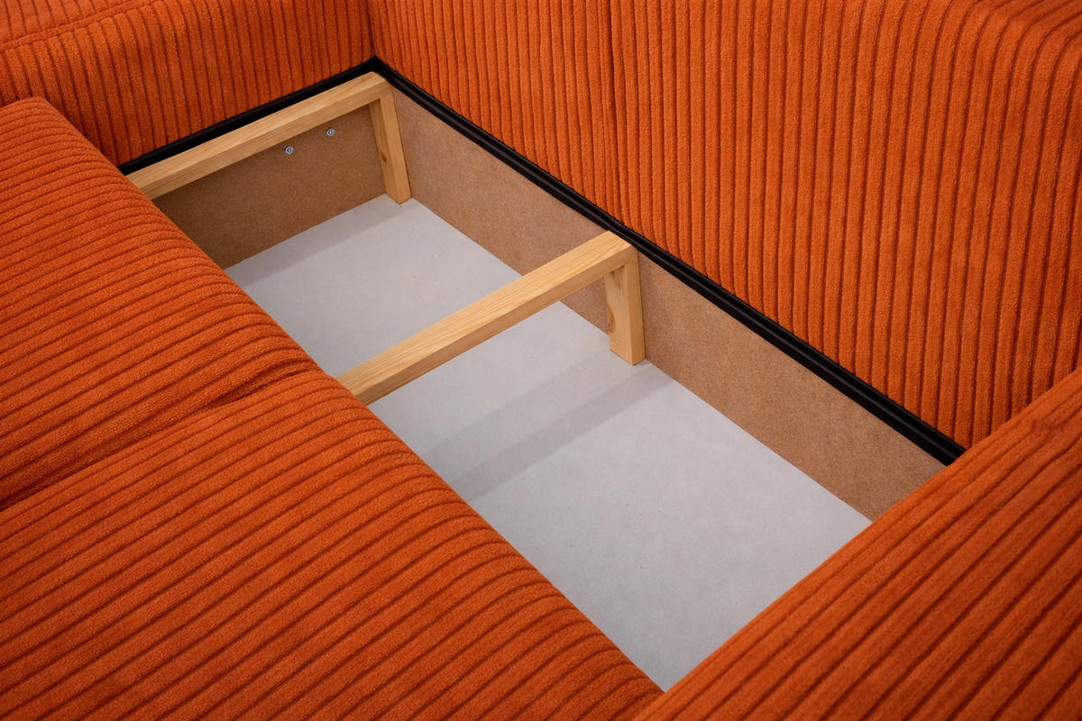 ECKSOFA Mit Schlaffunktion Und Bettkasten, Sofa L-Form Bingo L, Cordstoff Poso, Kupfer, Links - Orange, Holz (250/142cm) - Kaiser Möbel