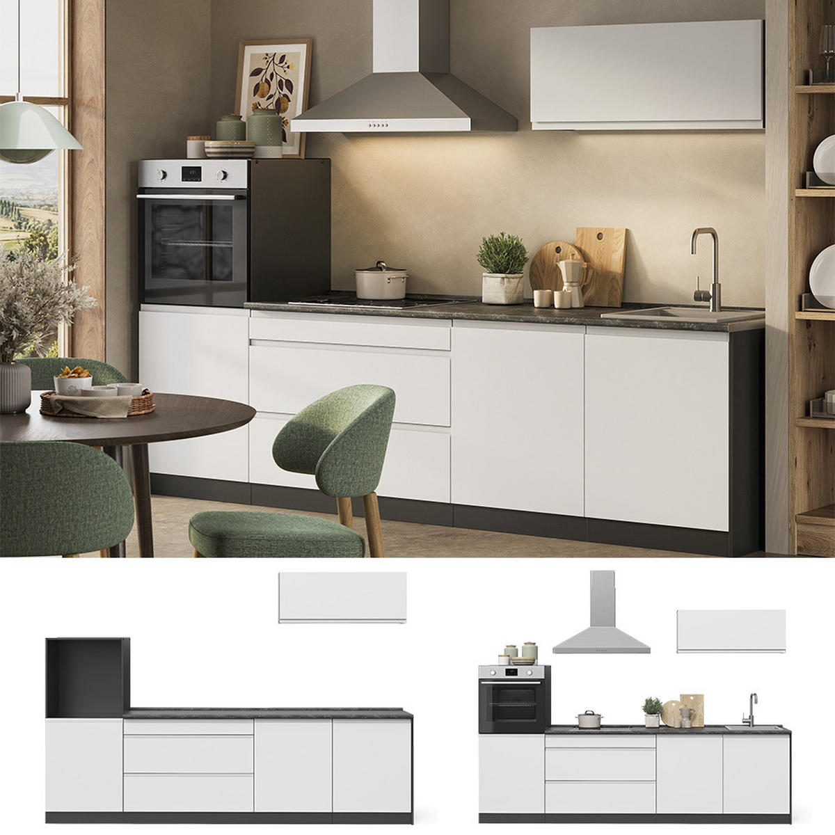 KÜCHENZEILE R-Line, Weiß/Anthrazit, 280 cm Arbeitsplatte Platin - Anthrazit/Weiß, Holzwerkstoff (280/143/60cm) - Vicco