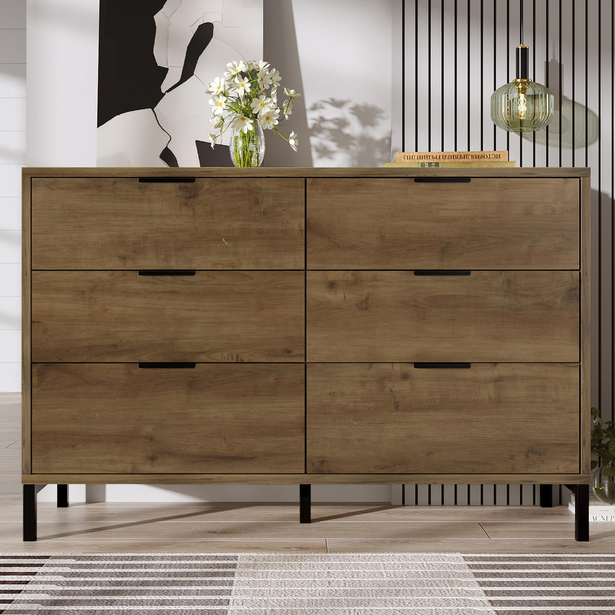 SIDEBOARD Holzoptik Eichenstil,mit 6 Schubladen und verstellbare Füße - Eichefarben/Schwarz, Holzwerkstoff/Metall (120/76/40cm) - EVRYAE