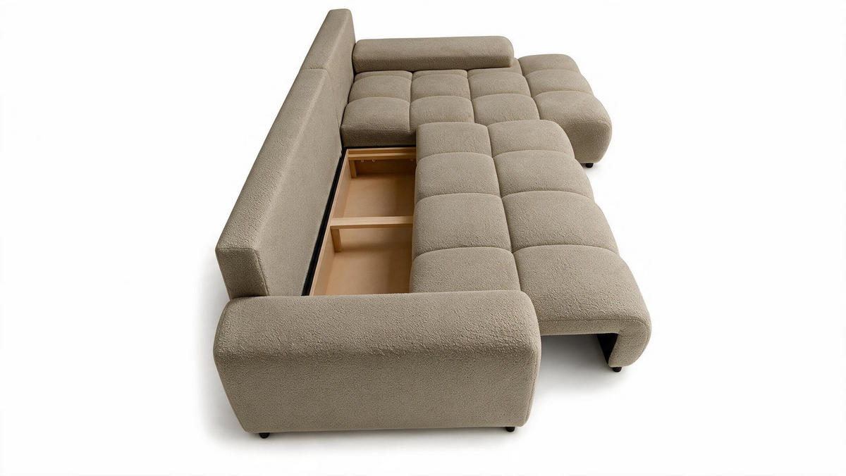 ECKSOFA Ovia mit Bettkasten und Schlaffunktion, Bouclé-Stoff in L-Form - Cappuccino, Textil (270/185cm)