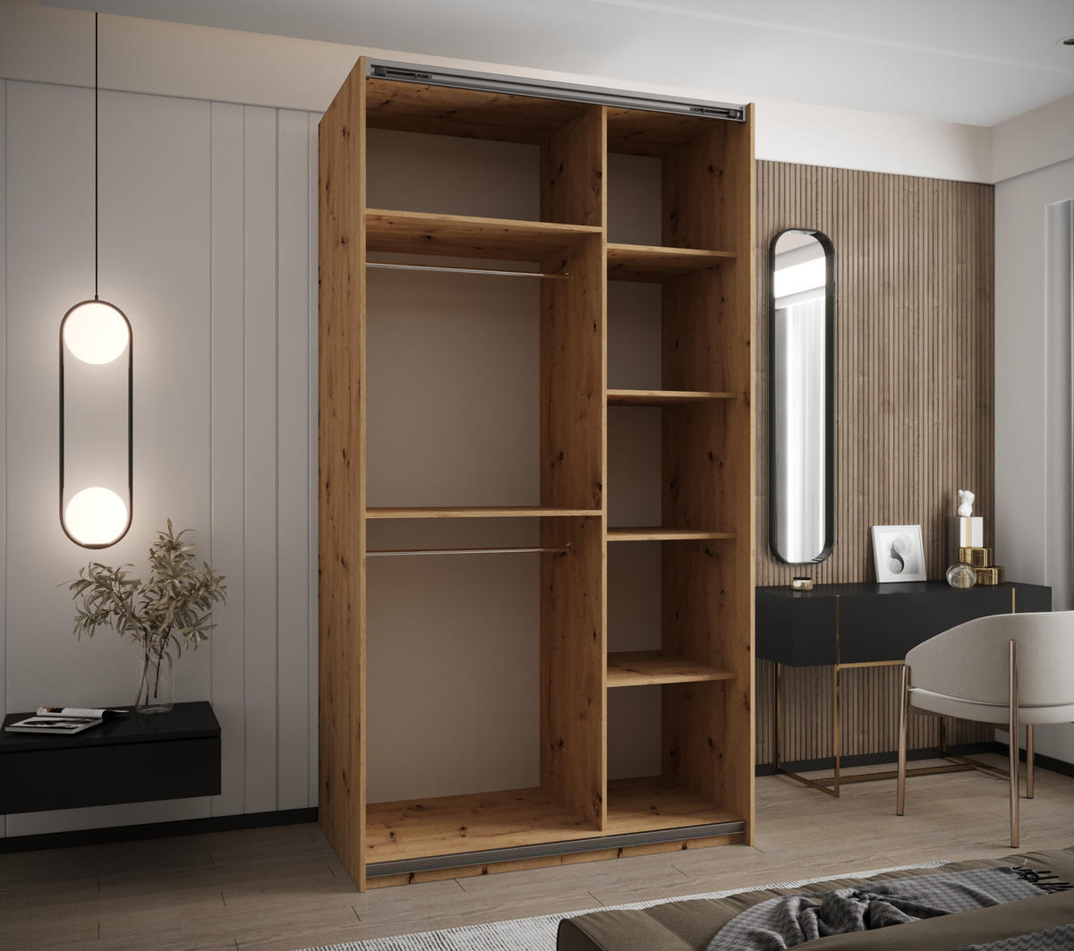 SCHWEBETÜRENSCHRANK 245,5/140/64 2-türig - Schwarz/Eiche Artisan, Holz/Metall (140/245/64cm) - Abiks Möbel