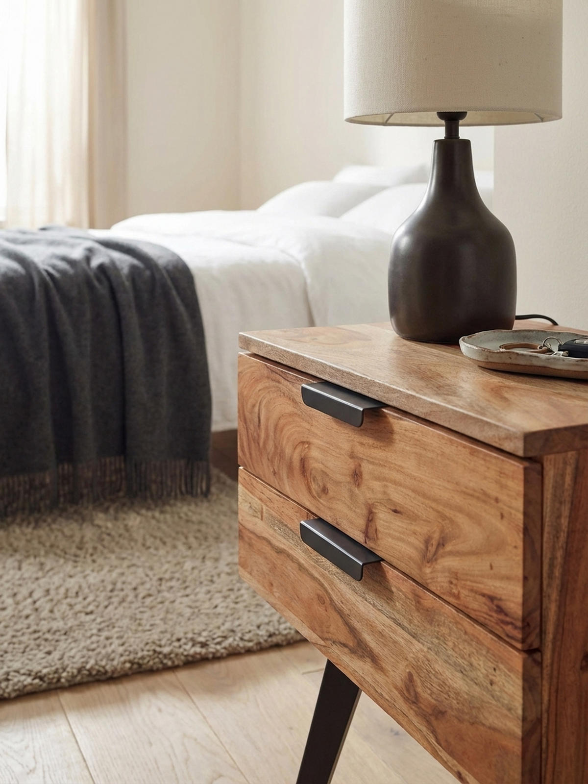 NACHTTISCH – Akazie Massivholz, Industrial-Stil, handmade, braun/grau - Beige/Anthrazit, Holz/Metall (47/65/35cm) - KADIMA DESIGN