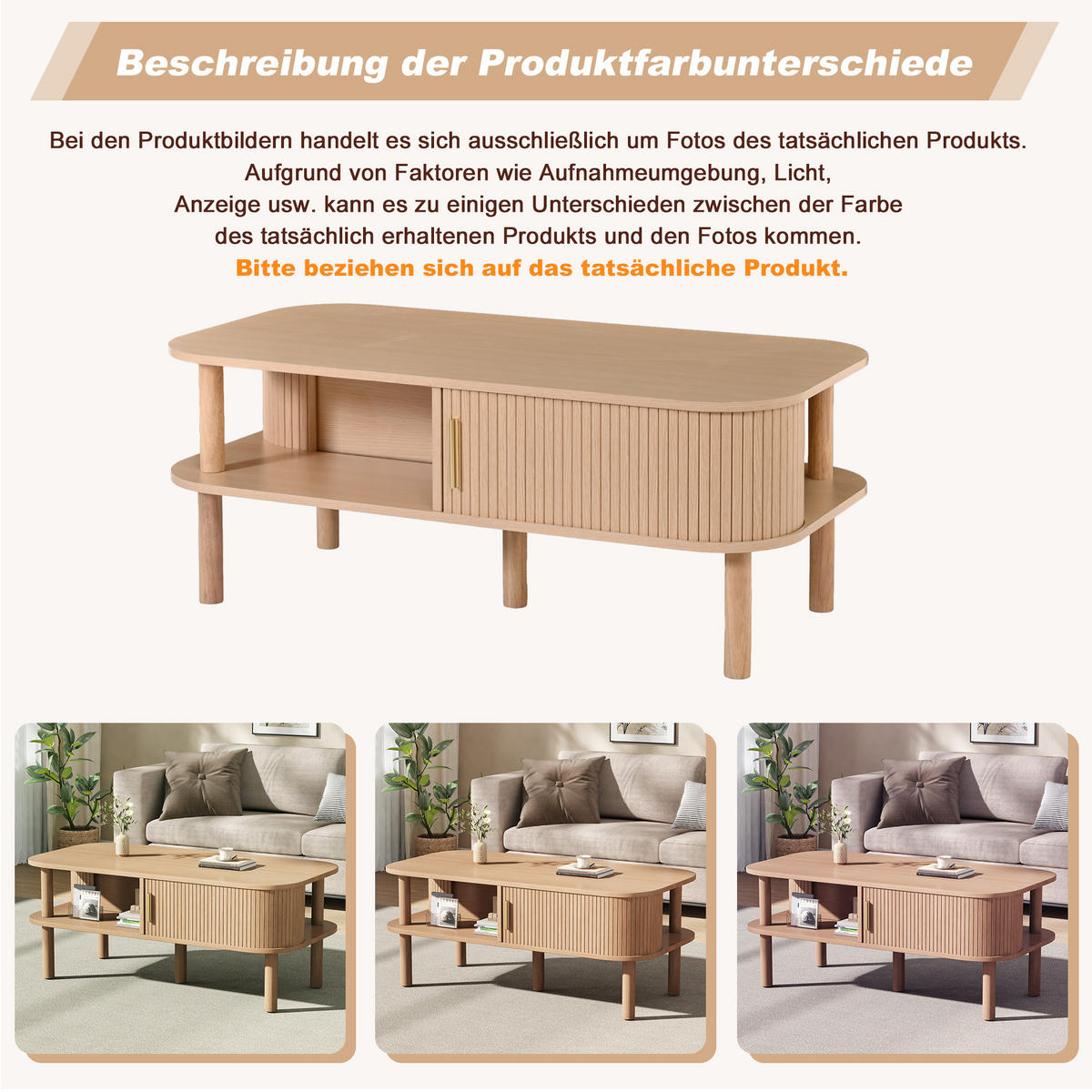 COUCHTISCH in Naturfarben mit Rolltor und offenen Fächern für Wohnzimmer, B110/T55/H45 cm - Naturfarben, Holzwerkstoff (55/110/45cm) - STILVORA