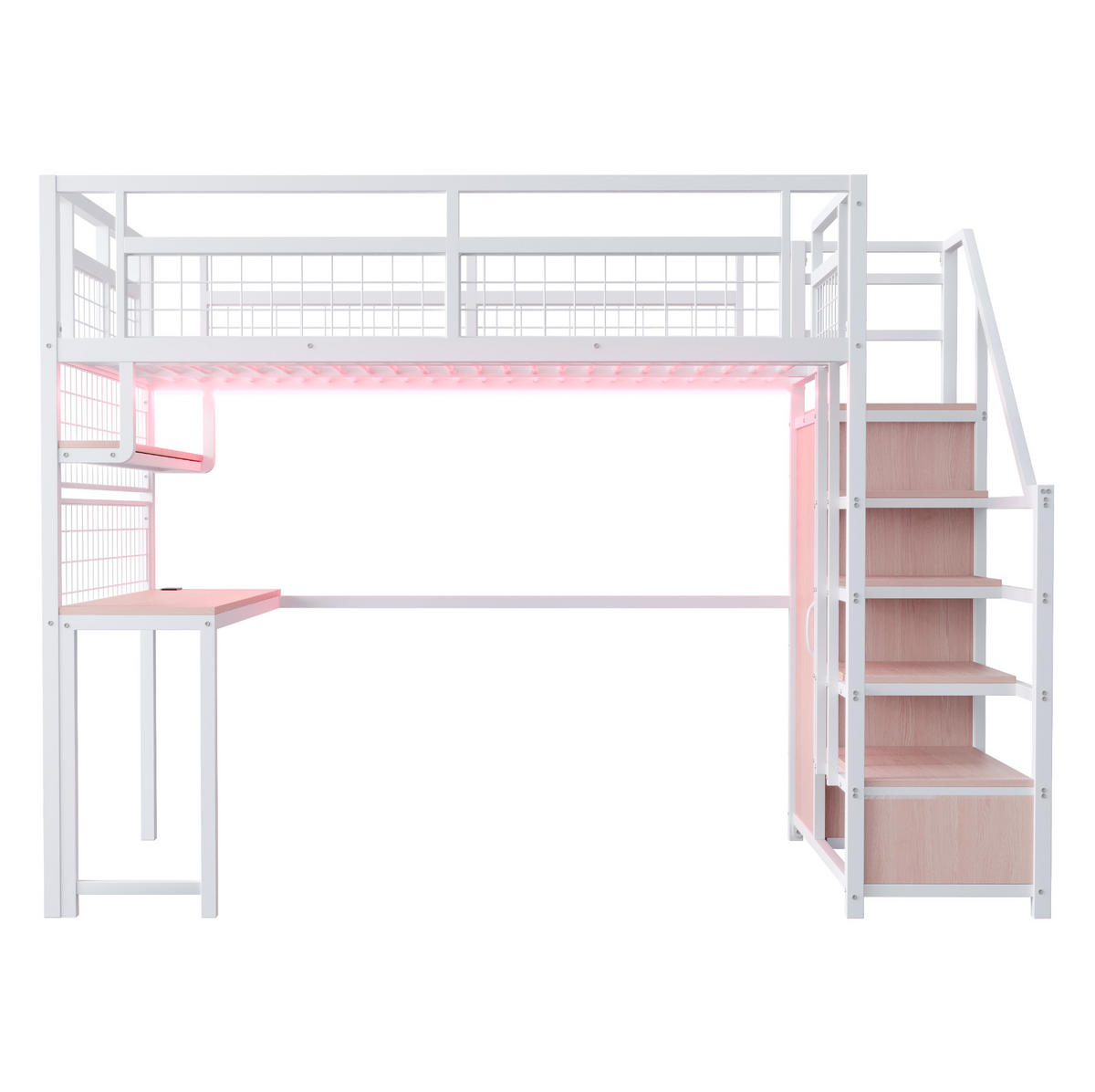 HOCHBETT 140/200 cm Weiß mit Schreibtisch, Lichtleisten und Stauraumleiter - Weiß, Metall (140/200cm) - MIVRAY
