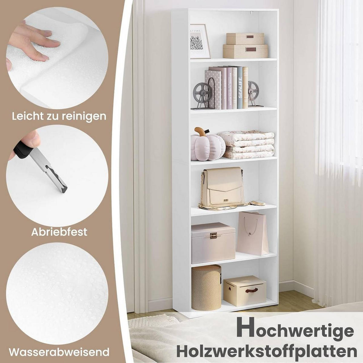 REGALE Bücherregal mit 6 verstellbaren Ebenen, Weiß - Weiß, Holzwerkstoff (60/180/23.5cm) - Woltu