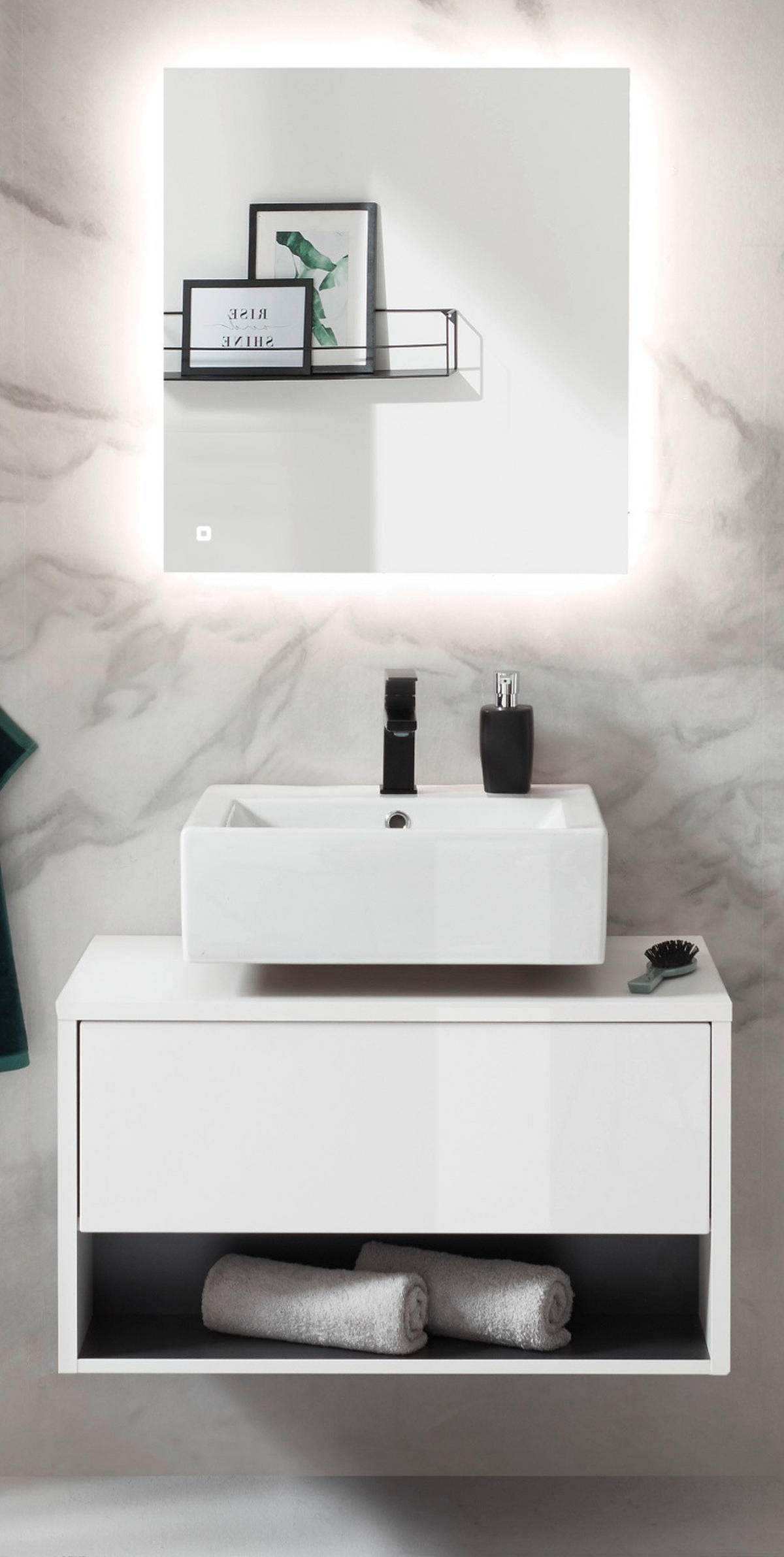 BADMÖBEL Set 2-teilig in weiß Hochglanz und grau mit LED Beleuchtung 80 x 190 cm Glide - Weiß Hochglanz/Grau, Glas/Holzwerkstoff (80/190/46cm) - Furn.Design