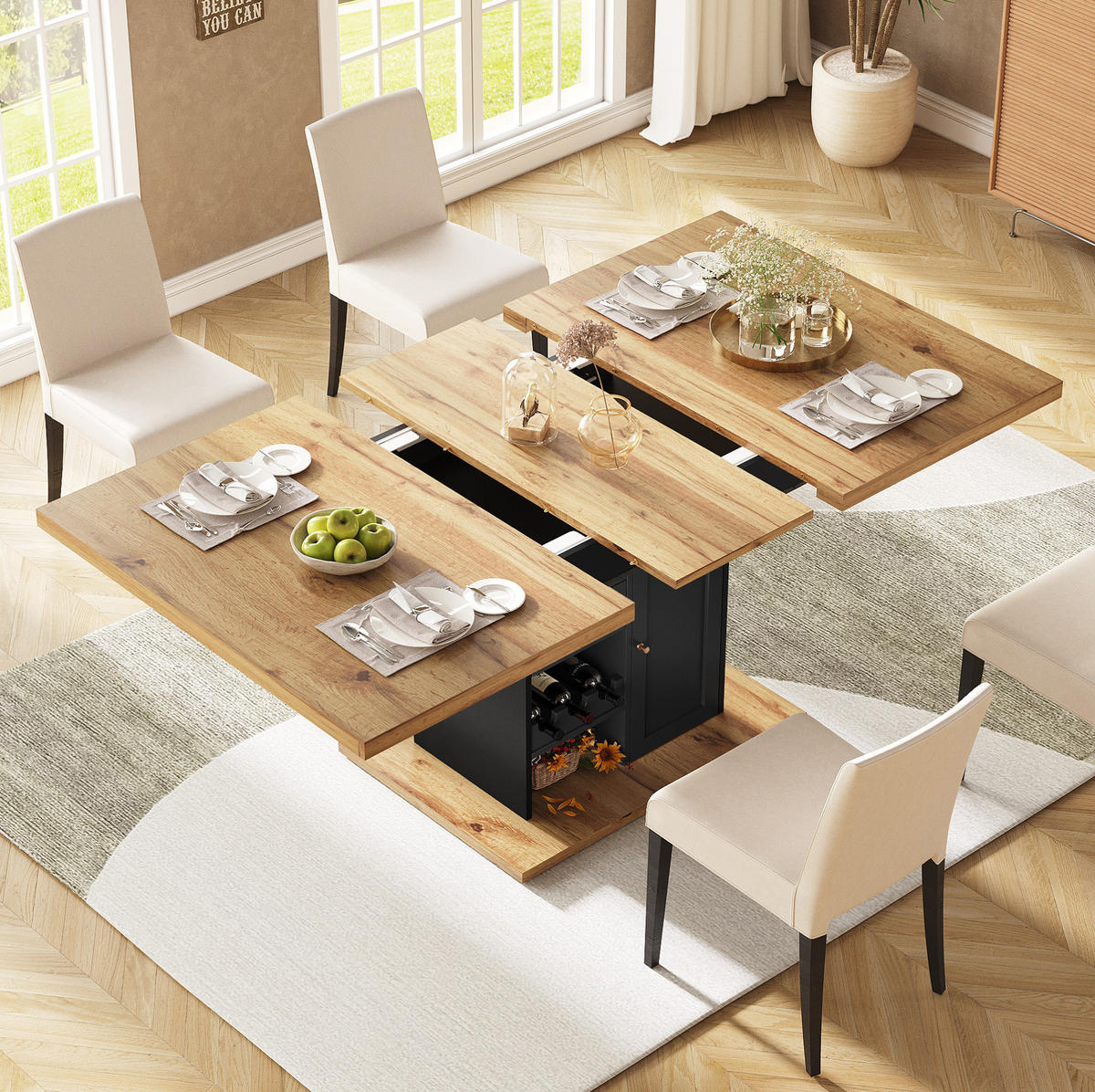 ESSTISCH aus MDF 110-140x80x75 cm Schwarz/Natur mit Auszug, Stauraum und Snack-/Weinregalen - Schwarz, Holzwerkstoff (110/80/75cm) - Modfu