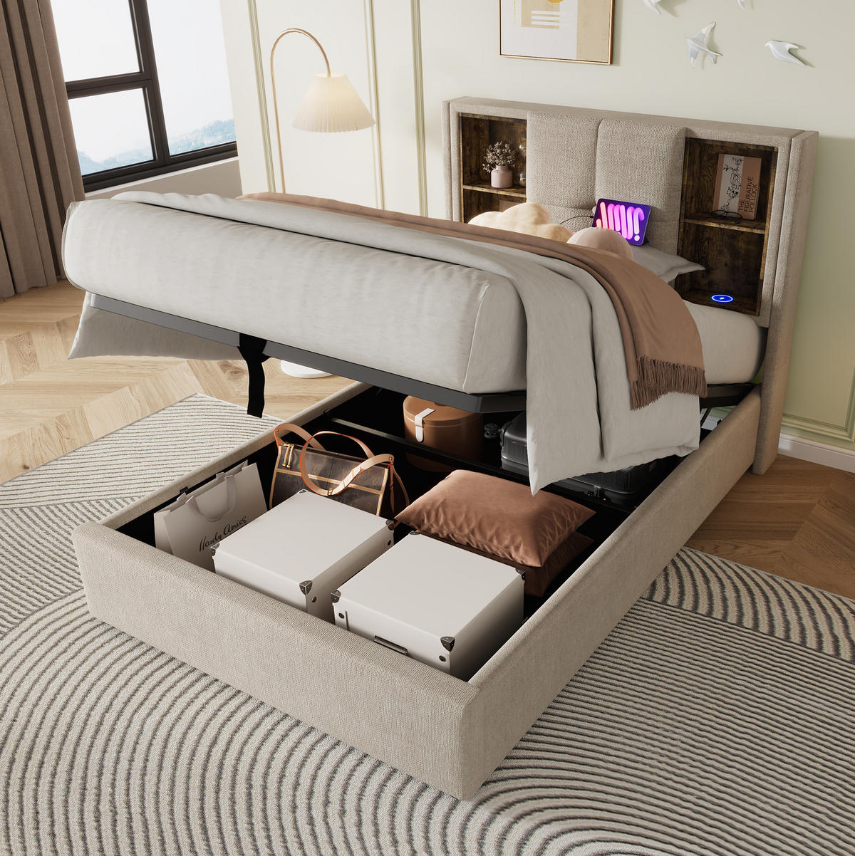 POLSTERBETT 90/200 cm Natur mit Stauraum, USB- und Type-C-Anschlüssen - Naturfarben, Textil (90/200cm) - Flora Grace