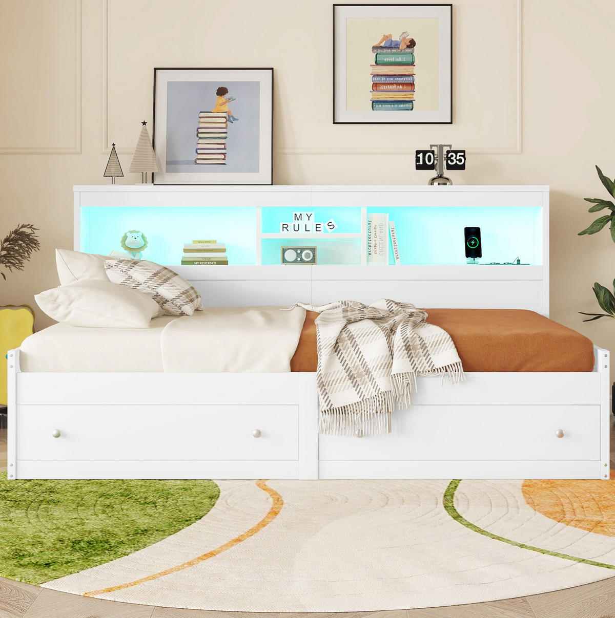 POLSTERBETT 90/200 cm Weiß mit LED-Beleuchtung und USB-Anschlüssen - Weiß, Holzwerkstoff (90/200cm) - Flora Grace
