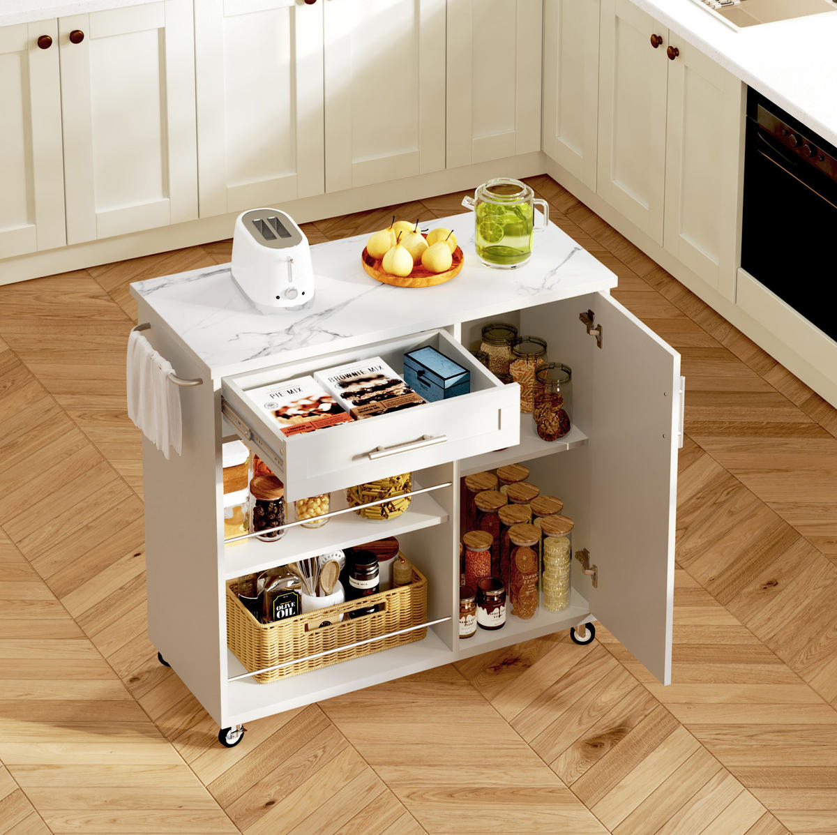 KÜCHENWAGEN mit Marmor-Optik 90 x 62 x 90 cm Weiß - Weiß, Holz (40/89.5/96cm) - Beauniv
