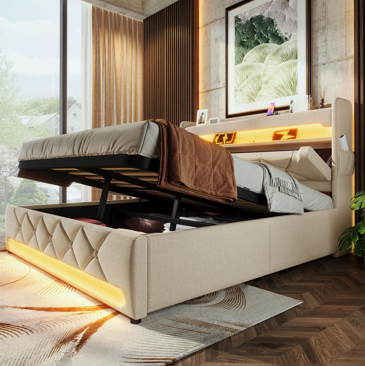 POLSTERBETT mit Stauraum und LED 160x200 cm Leinen Beige - Beige, Metall (160/200cm) - Meubliv
