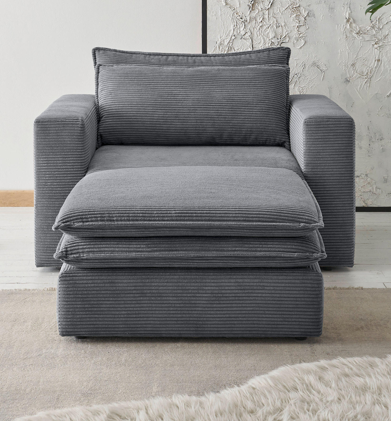 LOVESEAT Set grau Cord, Loungesessel inklusive Hocker - Beige/Grau, Holz/Kunststoff (176/83/125cm) - Furn.Design