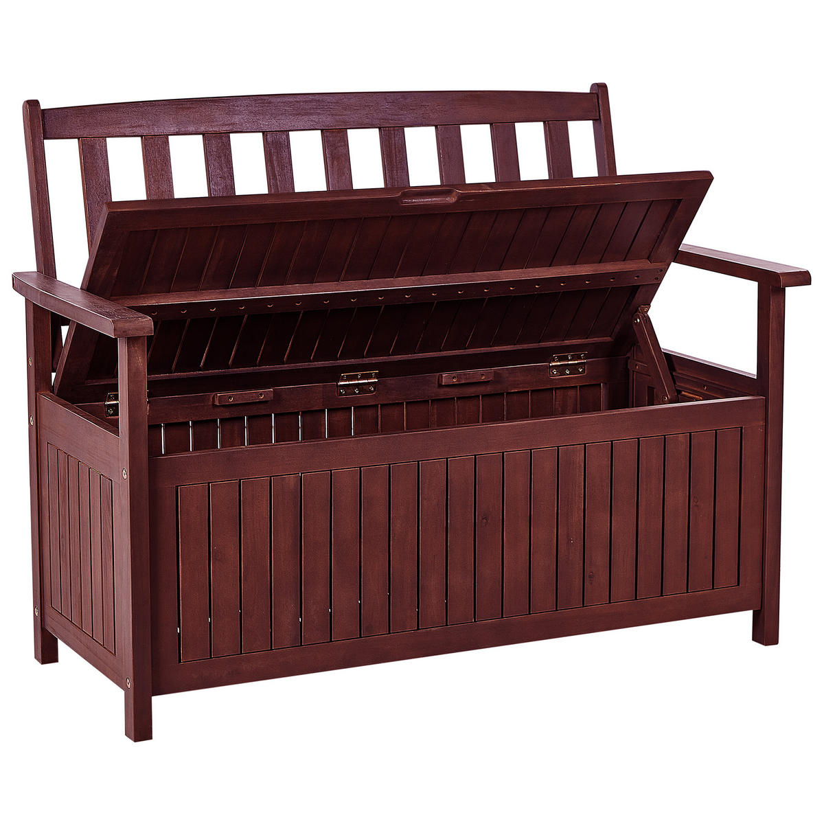GARTENBANK Akazienholz mahagonibraun mit Stauraum Auflage hellgrau 120 cm Sovana - Dunkelbraun/Hellgrau, Holz (120/91/60cm) - Beliani