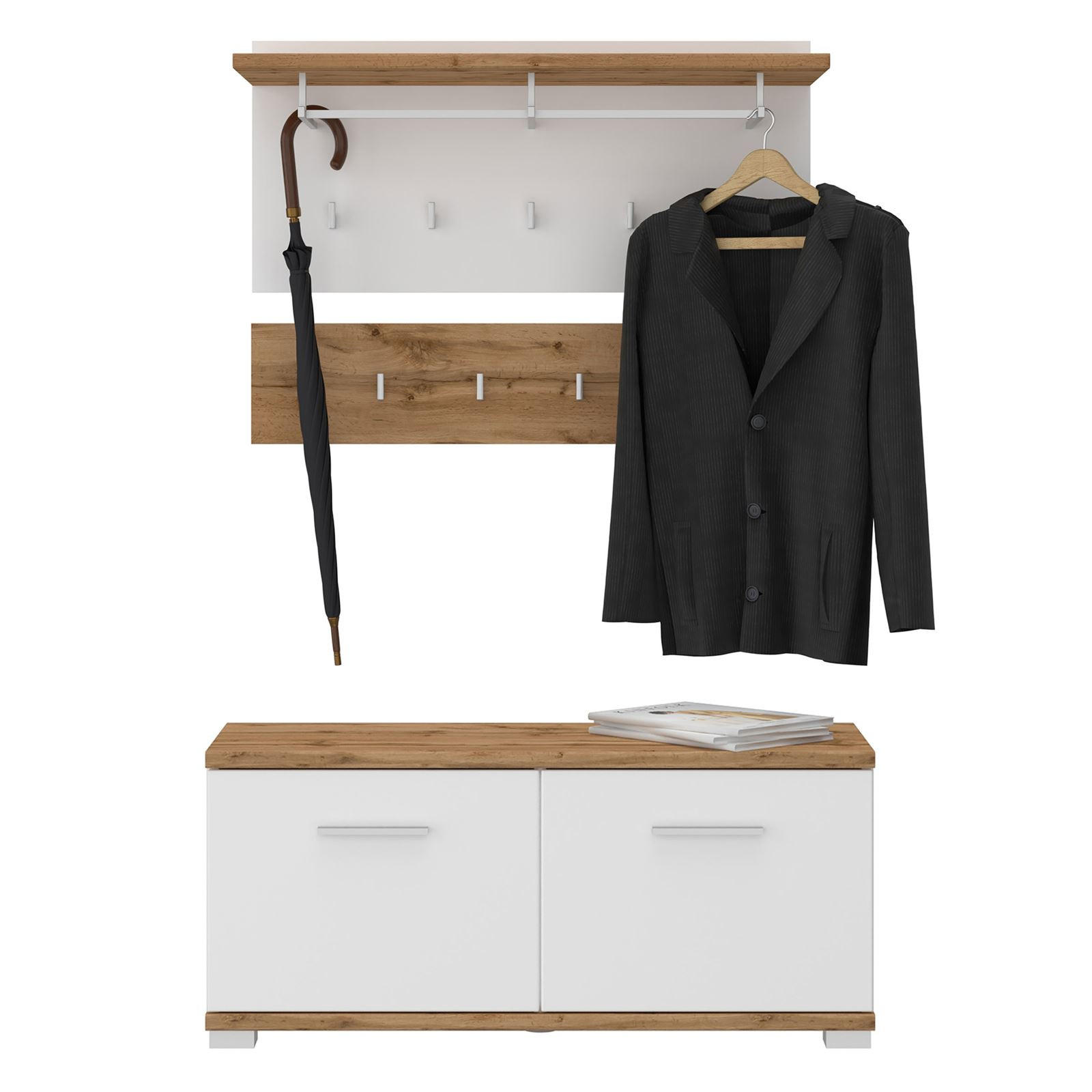 Thumbnail - CARO-Möbel Garderobenset, Eiche Wotan, Weiß, Holzwerkstoff, Mode, 90x60x34 cm, Garderobe, Garderobenleisten & Garderoben...